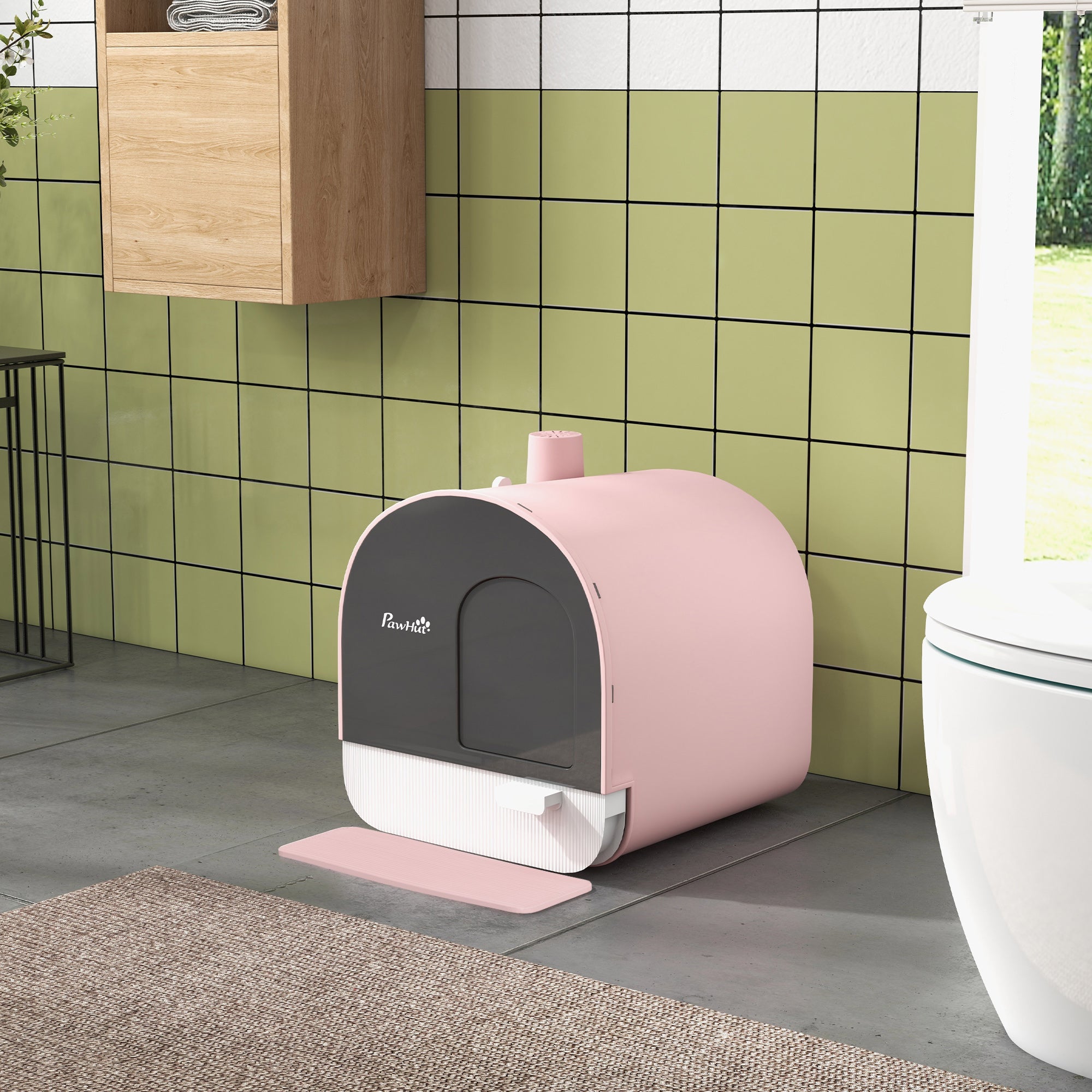 PawHut Cat Litter Box Kitten Litter Tray w/ Hood, Scoop, Filter, Flap Door, 43 x 44 x 47cm - Pink