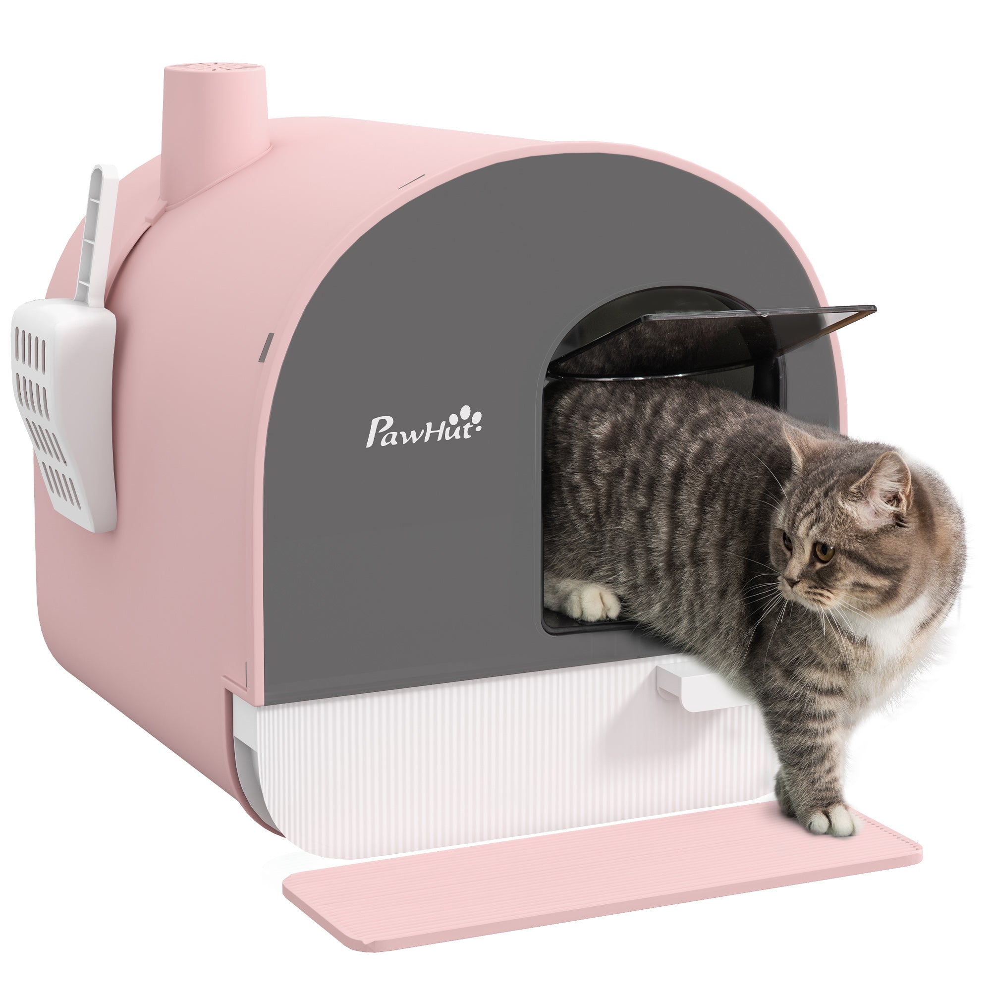 PawHut Cat Litter Box Kitten Litter Tray w/ Hood, Scoop, Filter, Flap Door, 43 x 44 x 47cm - Pink
