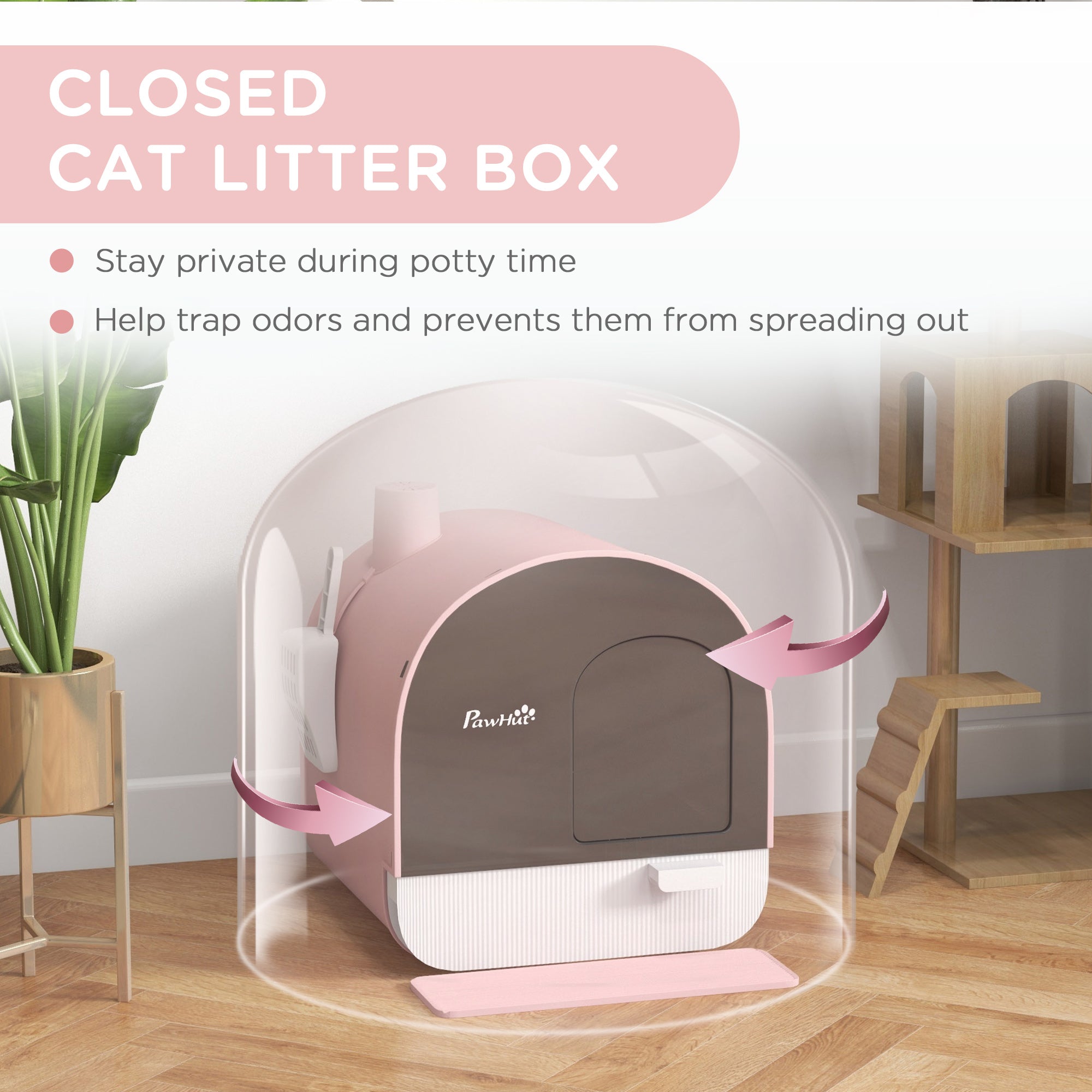 PawHut Cat Litter Box Kitten Litter Tray w/ Hood, Scoop, Filter, Flap Door, 43 x 44 x 47cm - Pink