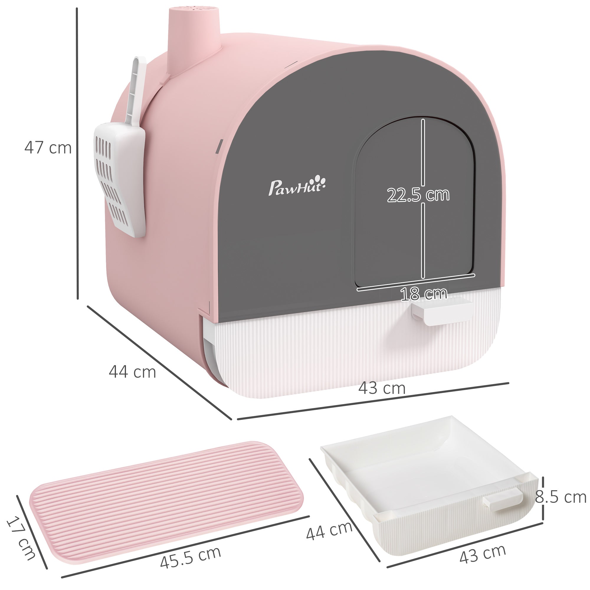 PawHut Cat Litter Box Kitten Litter Tray w/ Hood, Scoop, Filter, Flap Door, 43 x 44 x 47cm - Pink