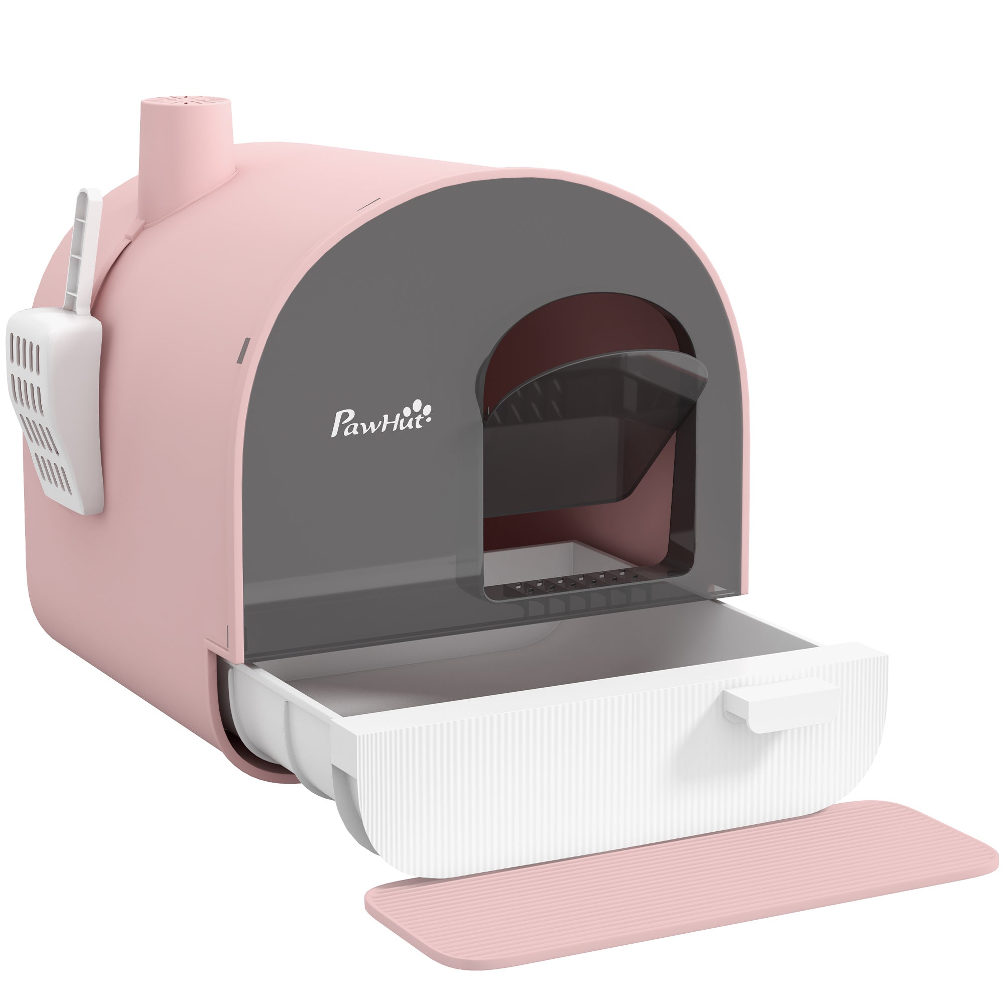 PawHut Cat Litter Box Kitten Litter Tray w/ Hood, Scoop, Filter, Flap Door, 43 x 44 x 47cm - Pink