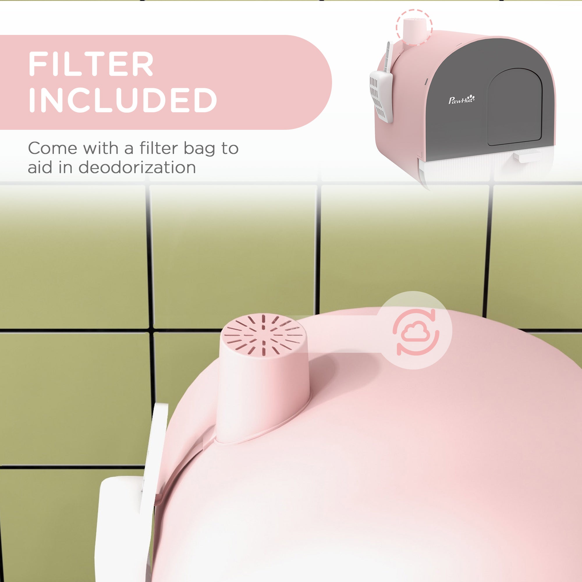 PawHut Cat Litter Box Kitten Litter Tray w/ Hood, Scoop, Filter, Flap Door, 43 x 44 x 47cm - Pink