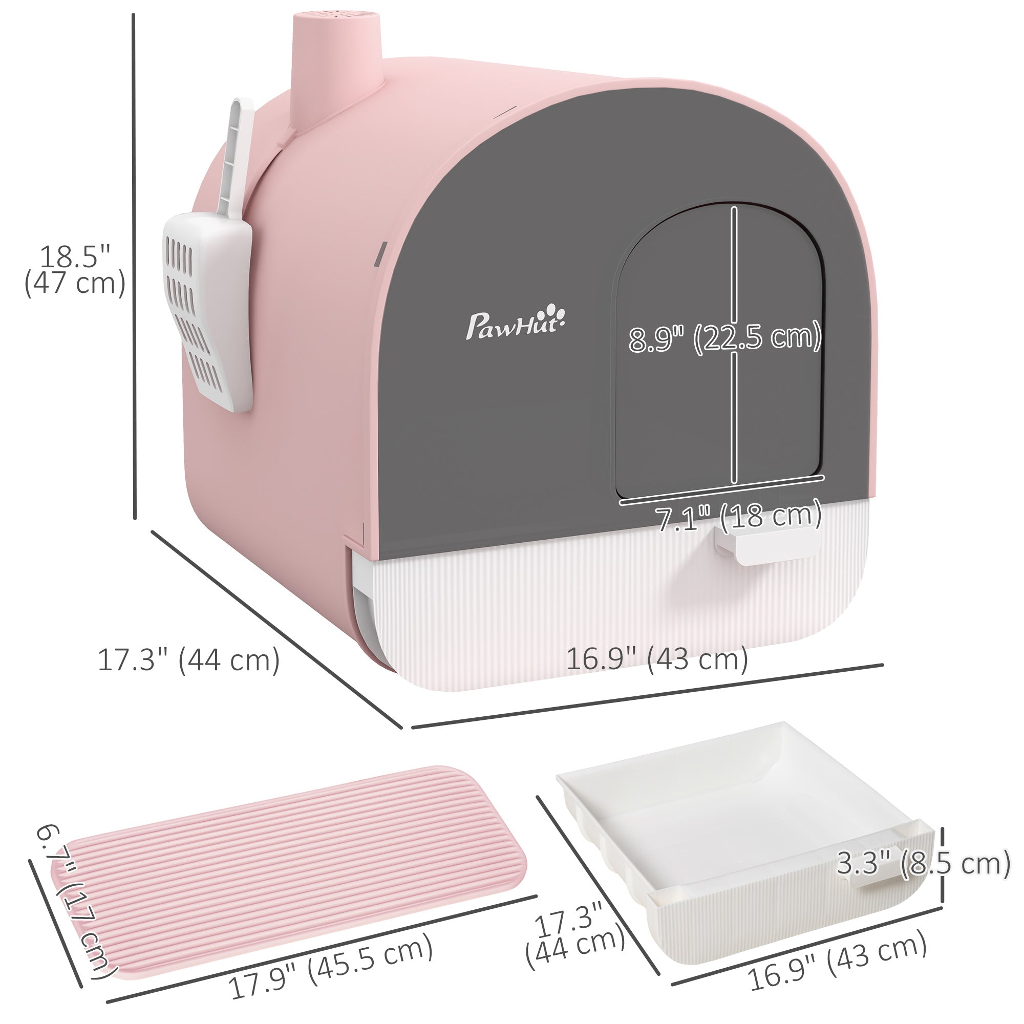PawHut Large Cat Litter Box with Lid, Enclosed Kitty Litter Box with Slide-out Tray, Scoop, Filter, Pink
