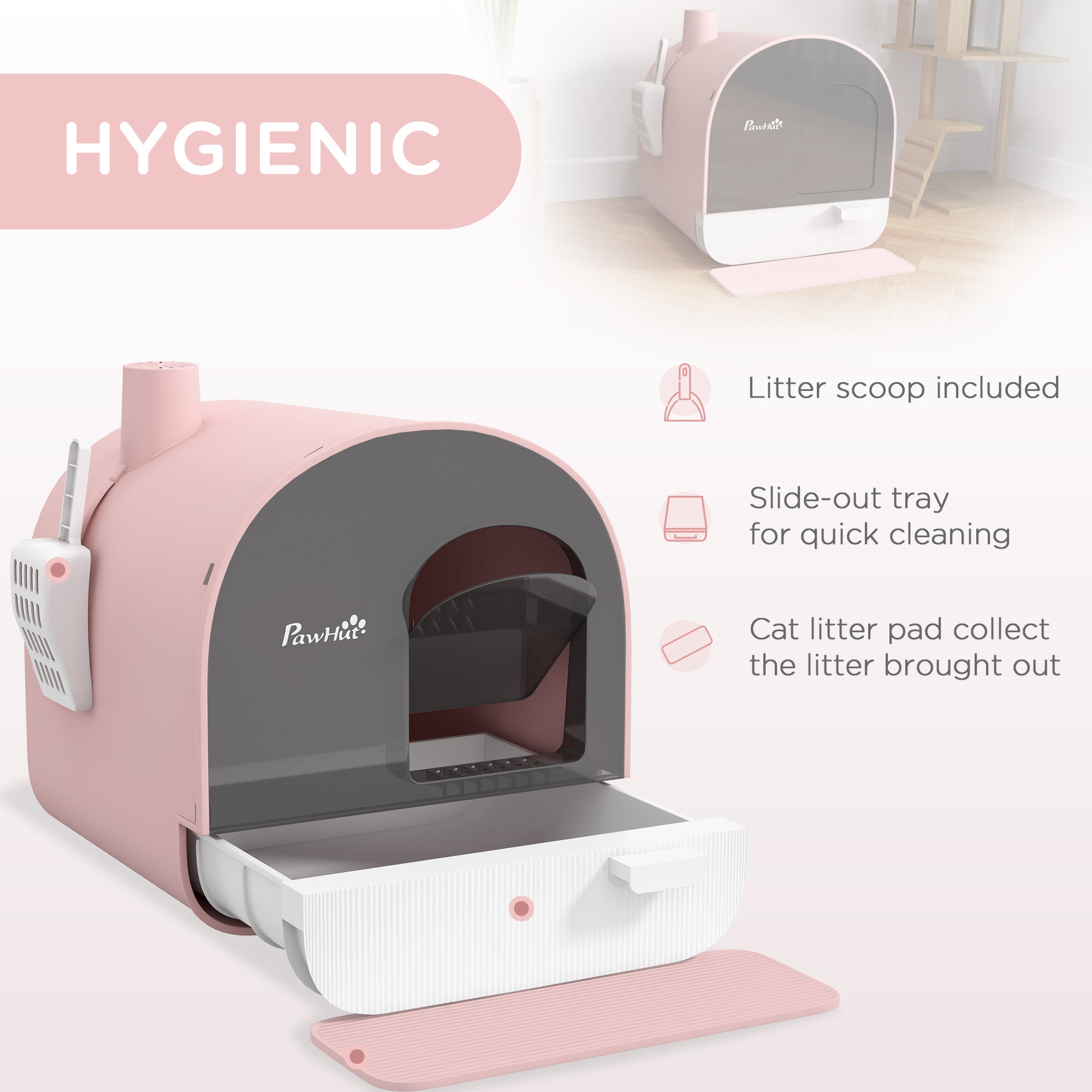 PawHut Cat Litter Box Kitten Litter Tray w/ Hood, Scoop, Filter, Flap Door, 43 x 44 x 47cm - Pink