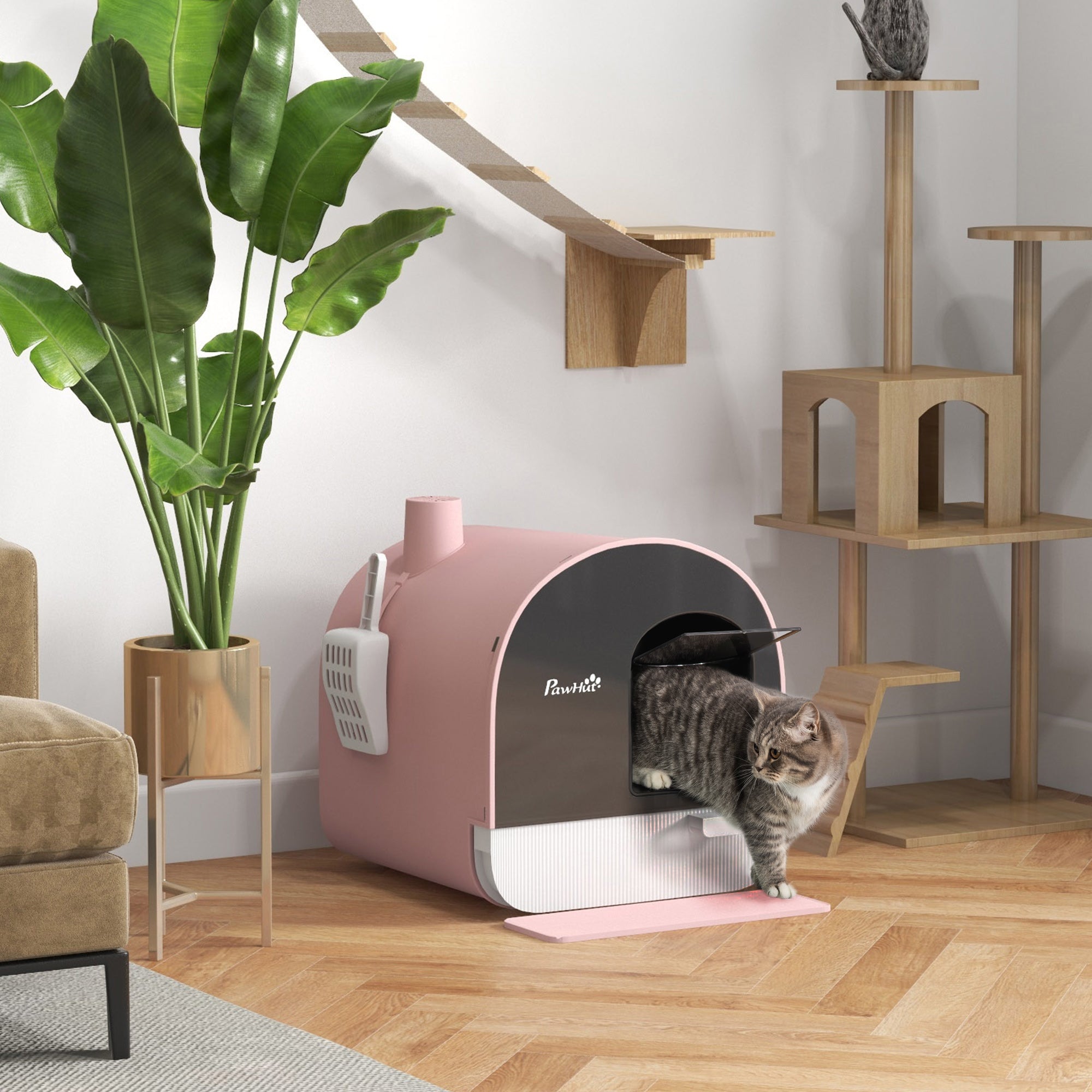 PawHut Cat Litter Box Kitten Litter Tray w/ Hood, Scoop, Filter, Flap Door, 43 x 44 x 47cm - Pink