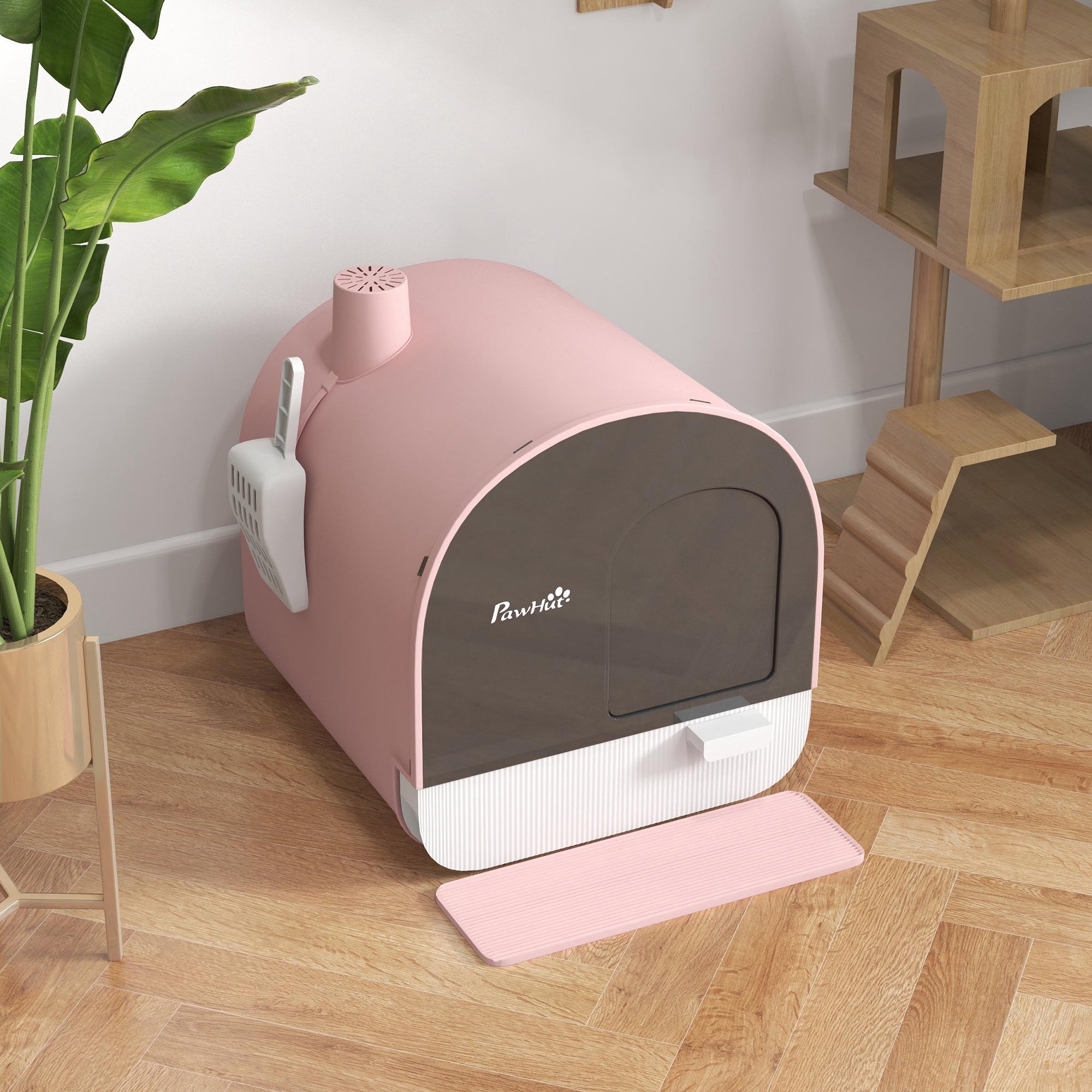 PawHut Cat Litter Box Kitten Litter Tray w/ Hood, Scoop, Filter, Flap Door, 43 x 44 x 47cm - Pink