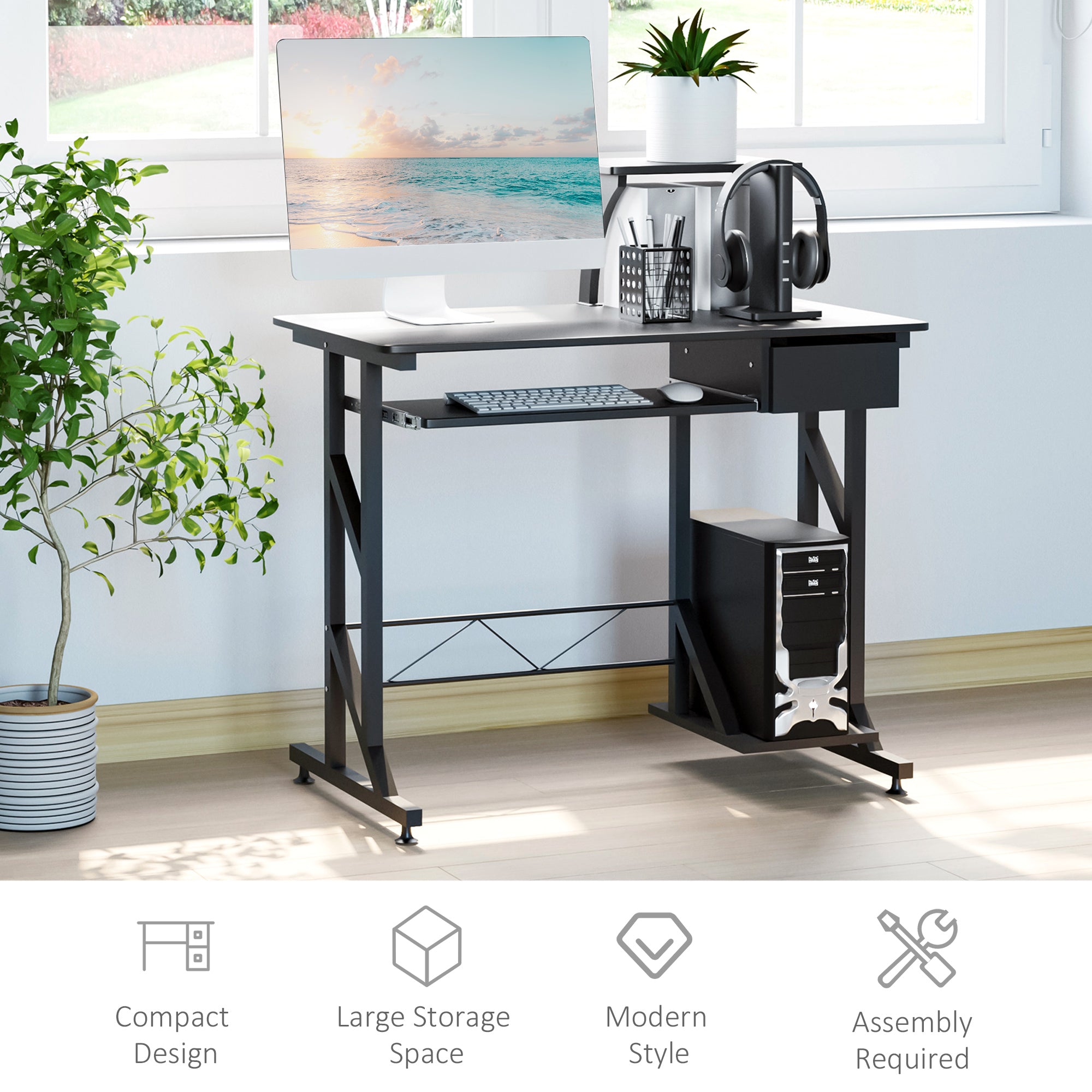HOMCOM Computer Desk with Keyboard Tray, Writing Desk with Drawer, Workstation for Home Office, Black (35.4