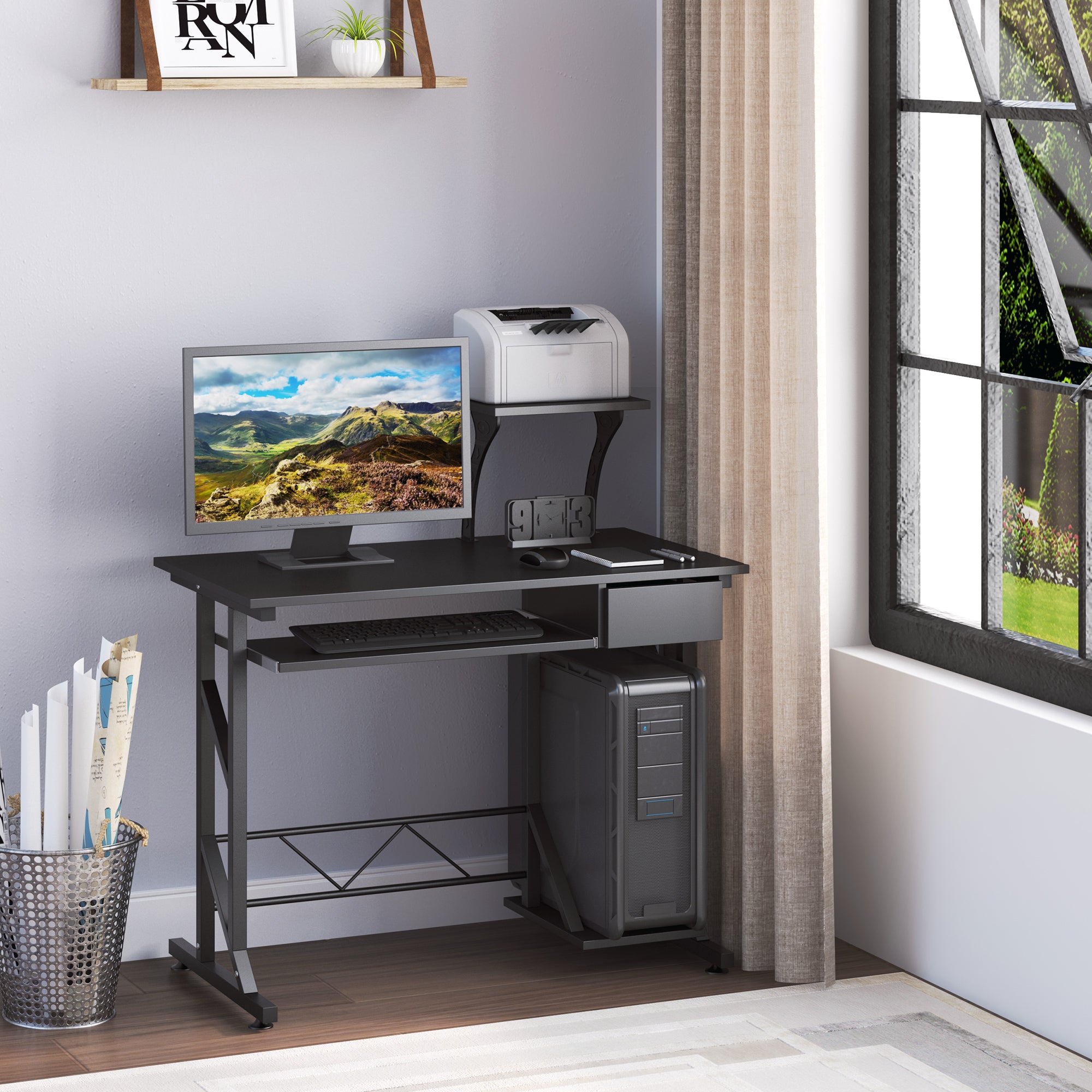 HOMCOM Computer Desk with Keyboard Tray, Writing Desk with Drawer, Workstation for Home Office, Black (35.4