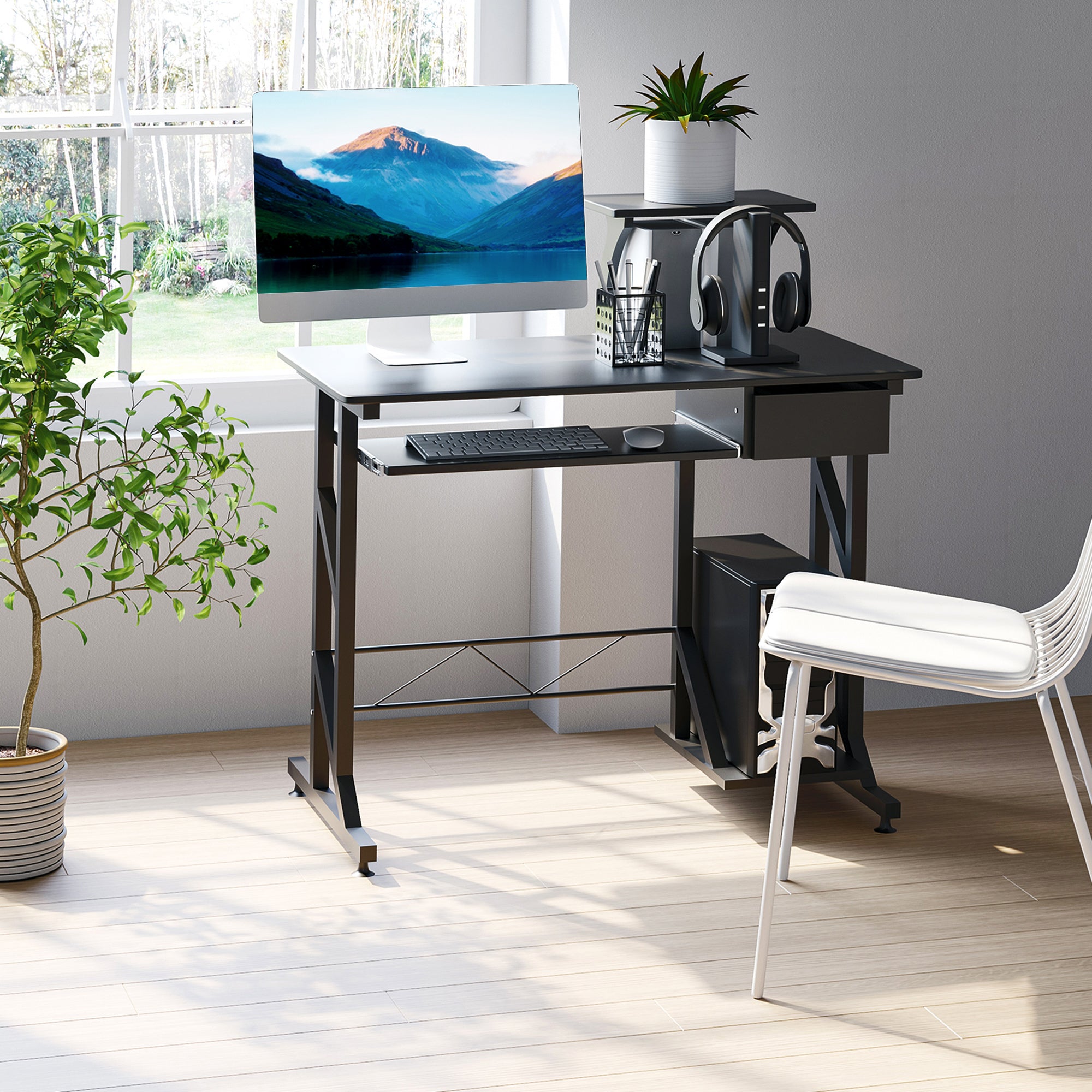 HOMCOM Computer Desk with Keyboard Tray, Writing Desk with Drawer, Workstation for Home Office, Black (35.4