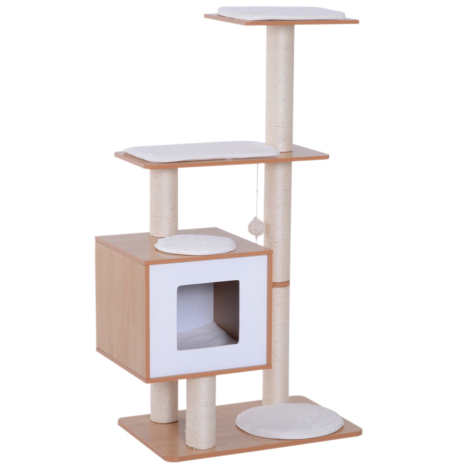 PawHut 47" Wood Cat Tree, Cat Condo Tower with Scratching Post, Toy Ball, Natural Wood
