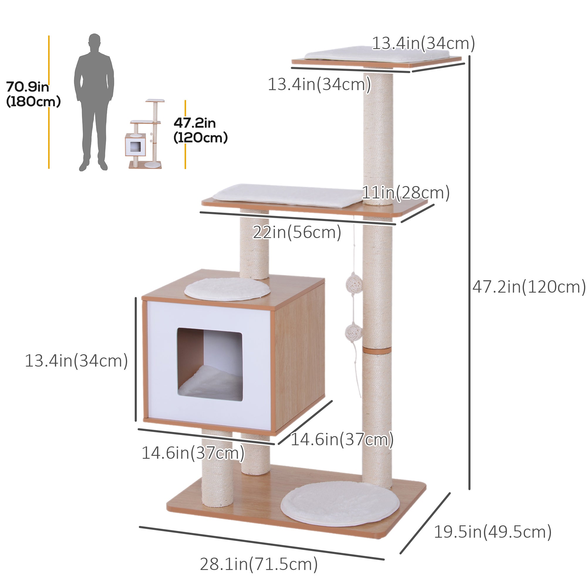 PawHut 47" Wood Cat Tree, Cat Condo Tower with Scratching Post, Toy Ball, Natural Wood