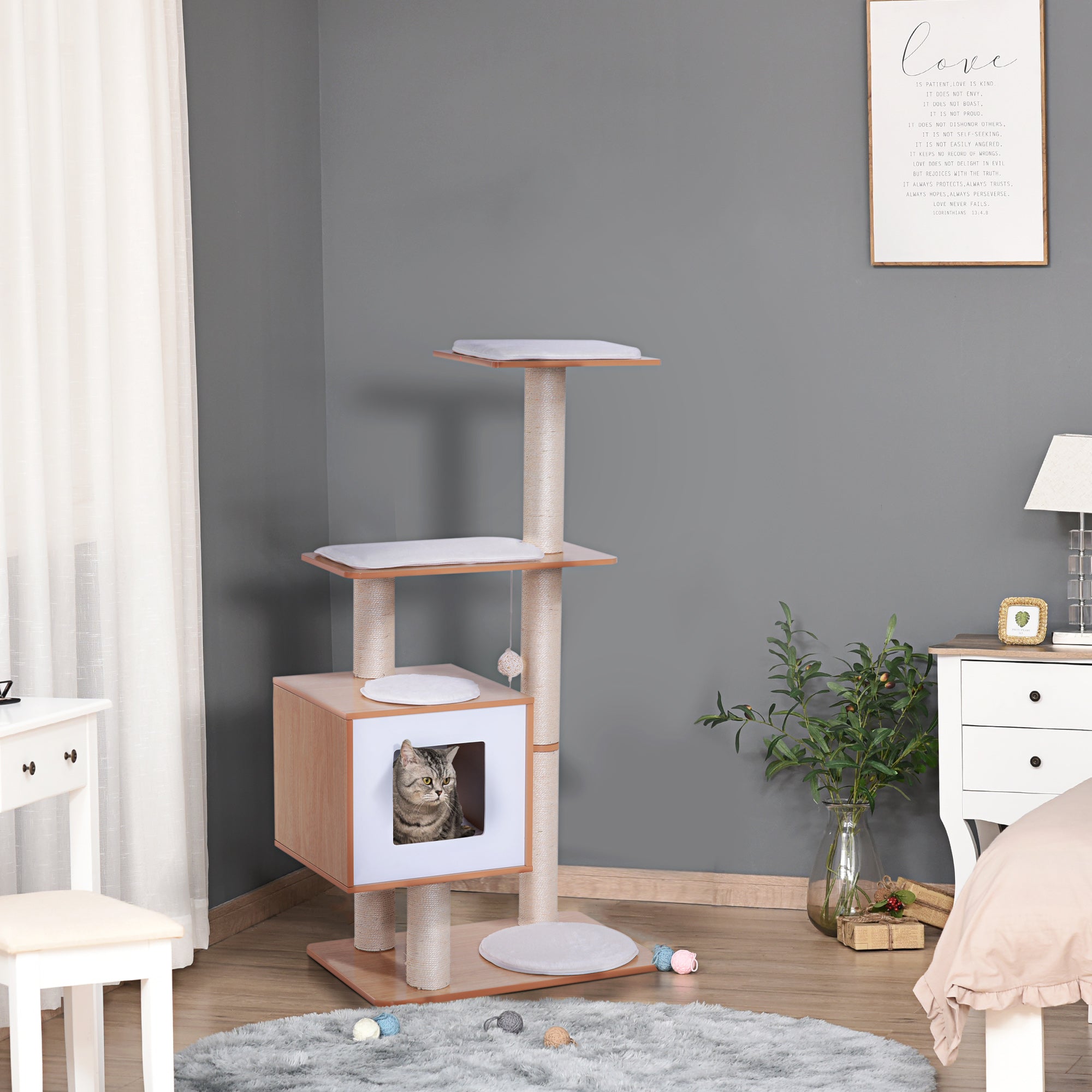 PawHut Cat Tree for Indoor Cats Scratching Post Kitten House Condo Activity Center w/ Cushion Hanging Toy Multi-level