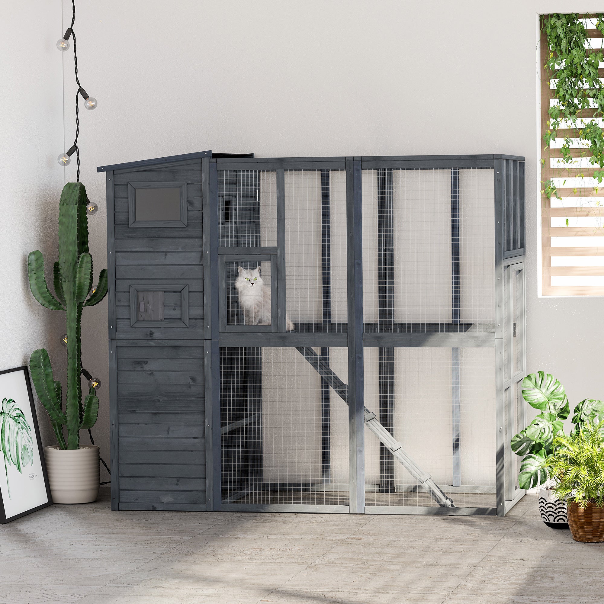PawHut Large Wooden Outdoor Cat House with Large Run for Play, Catio for Lounging, and Condo Area for Sleeping, Grey