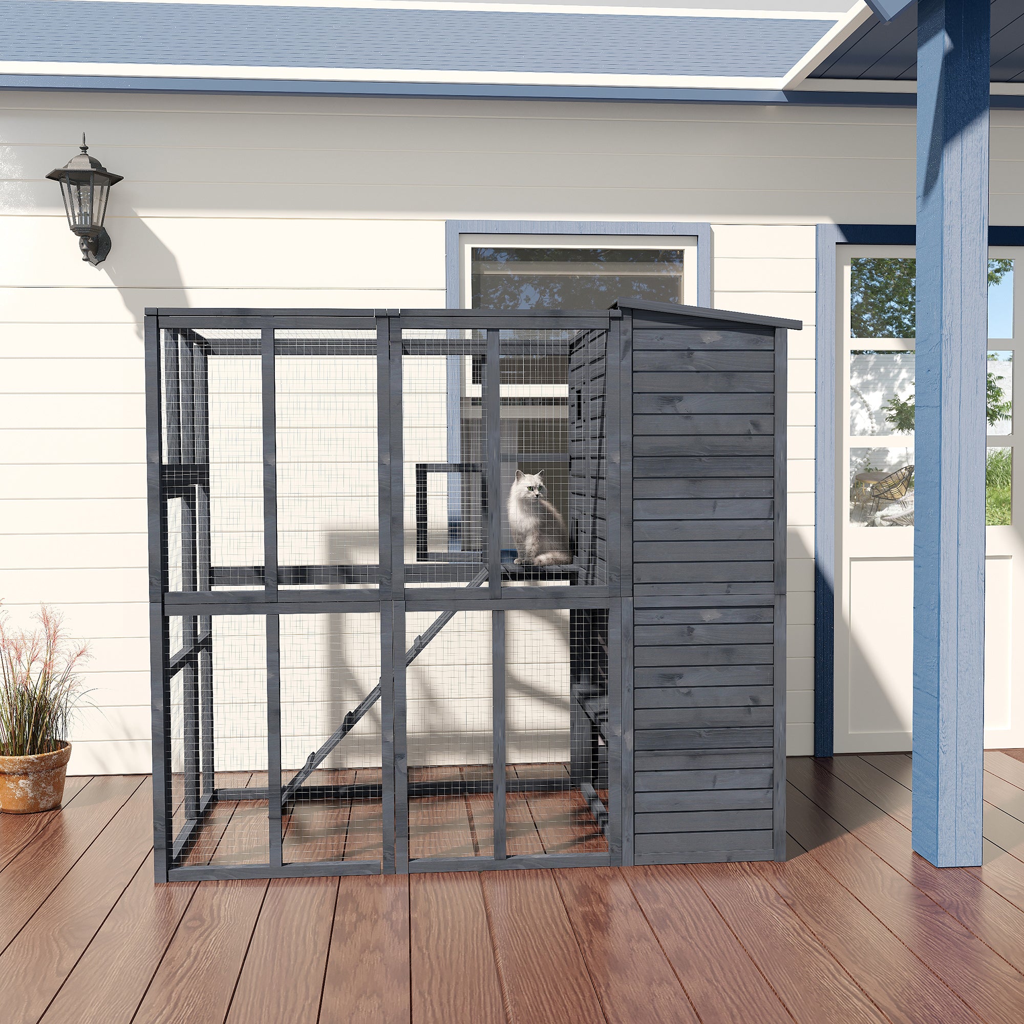 PawHut Large Wooden Outdoor Cat House with Large Run for Play, Catio for Lounging, and Condo Area for Sleeping, Grey
