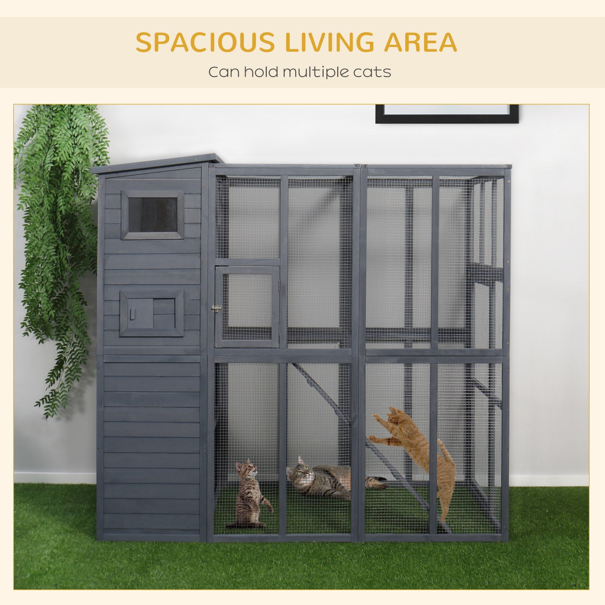PawHut Large Cat House Outdoor Catio Wooden Feral Cat Shelter, Kitten Enclosure with Door, Cat Condo and Weather Protection Asphalt Roof, 77" L, Gray