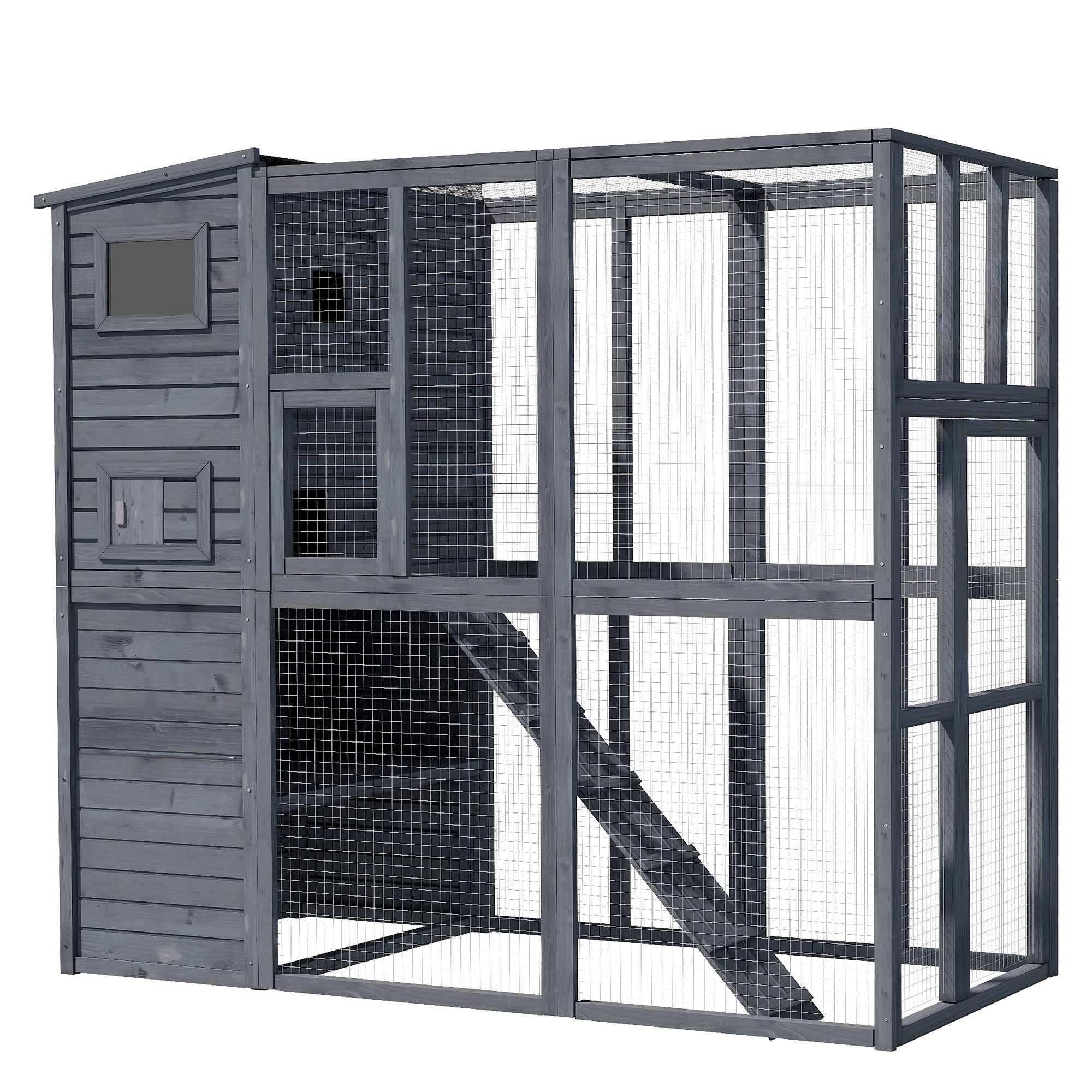 PawHut Large Cat House Outdoor Catio Wooden Feral Cat Shelter, Kitten Enclosure with Door, Cat Condo and Weather Protection Asphalt Roof, 77" L, Gray