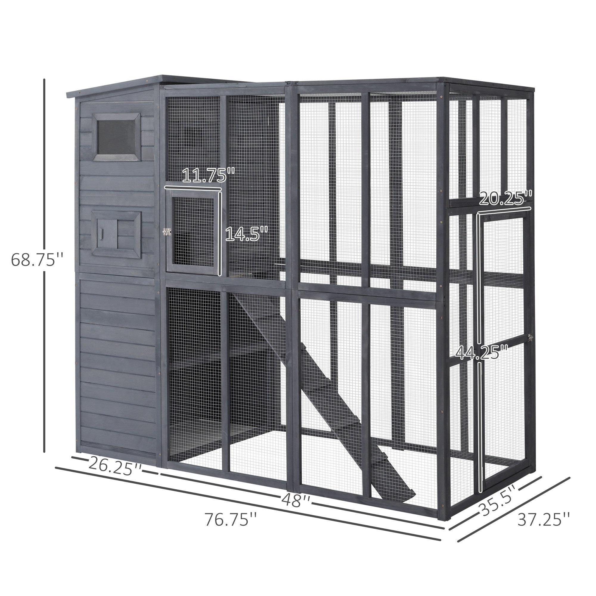 PawHut Large Wooden Outdoor Cat House with Large Run for Play, Catio for Lounging, and Condo Area for Sleeping, Grey