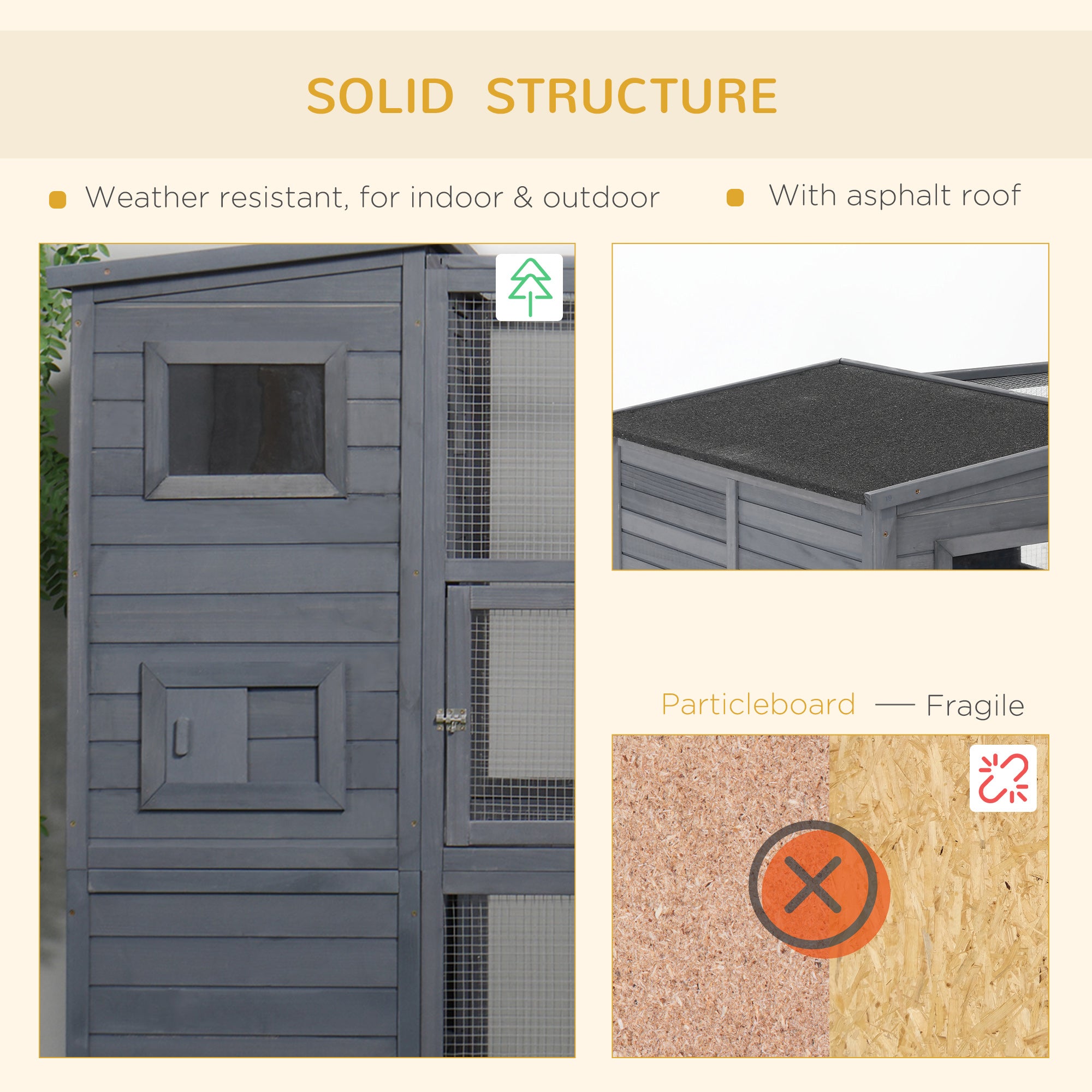 PawHut Large Wooden Outdoor Cat House with Large Run for Play, Catio for Lounging, and Condo Area for Sleeping, Grey