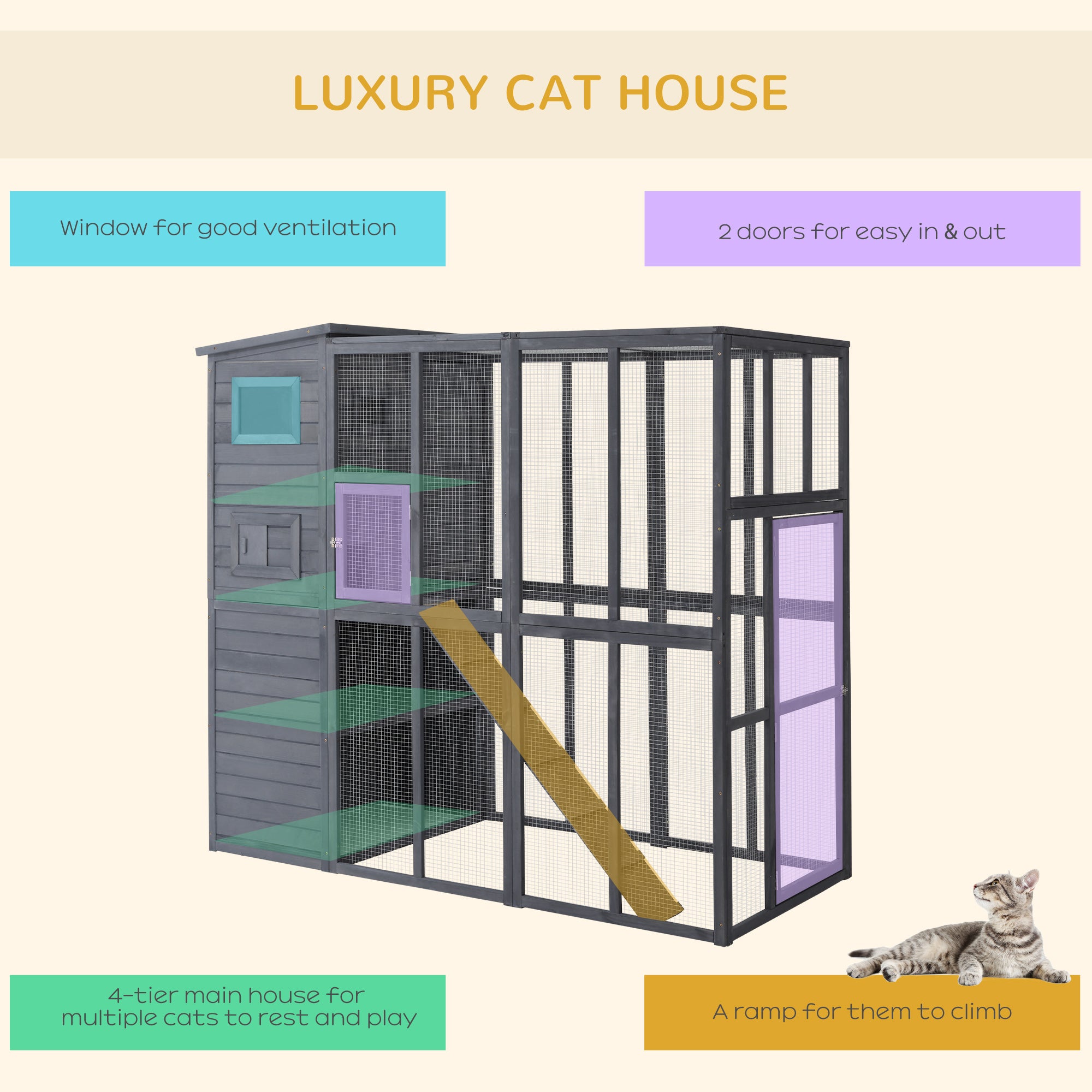 PawHut Large Wooden Outdoor Cat House with Large Run for Play, Catio for Lounging, and Condo Area for Sleeping, Grey