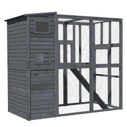 PawHut Large Cat House Outdoor Catio Wooden Feral Cat Shelter, Kitten Enclosure with Door, Cat Condo and Weather Protection Asphalt Roof, 77" L, Gray