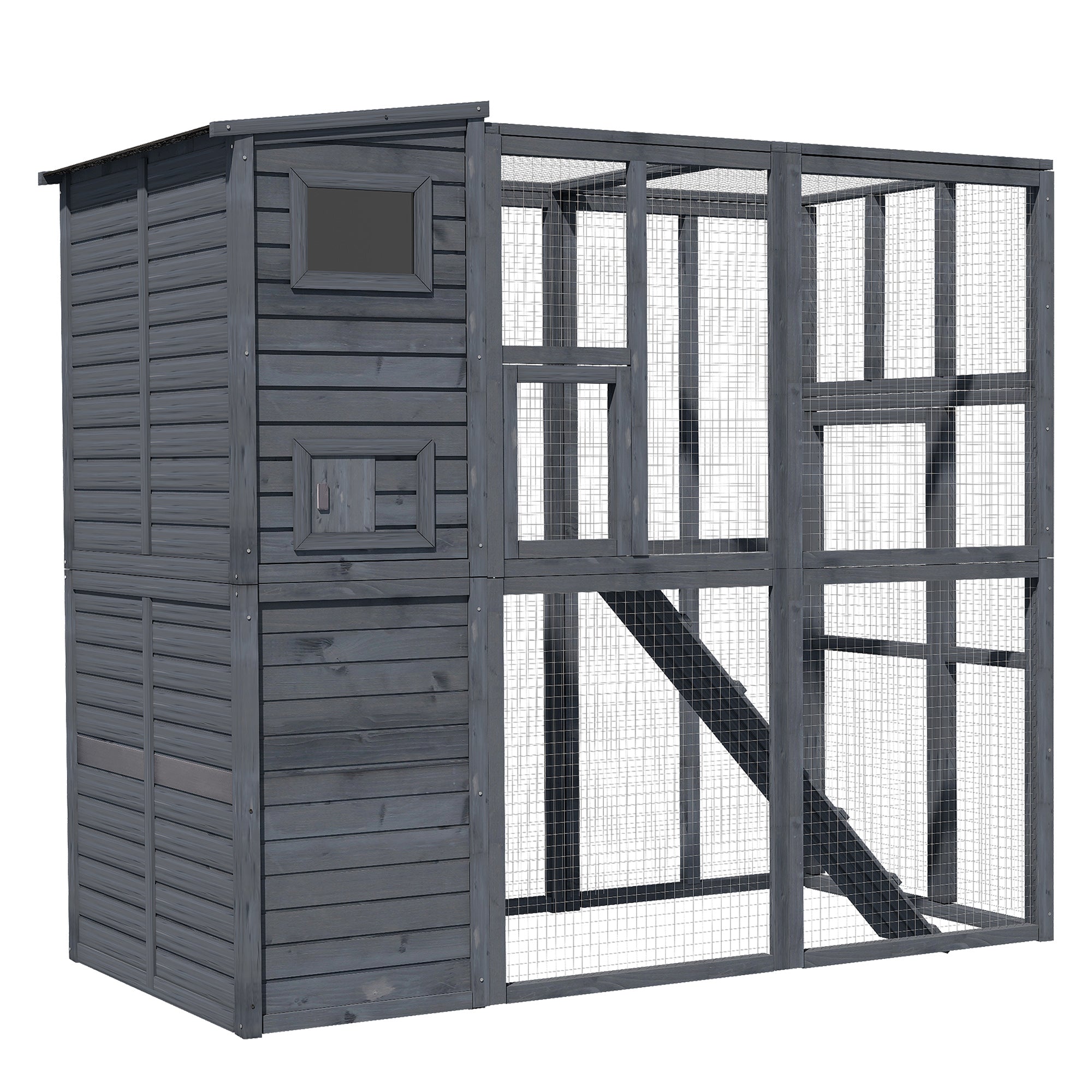 PawHut Large Wooden Outdoor Cat House with Large Run for Play, Catio for Lounging, and Condo Area for Sleeping, Grey