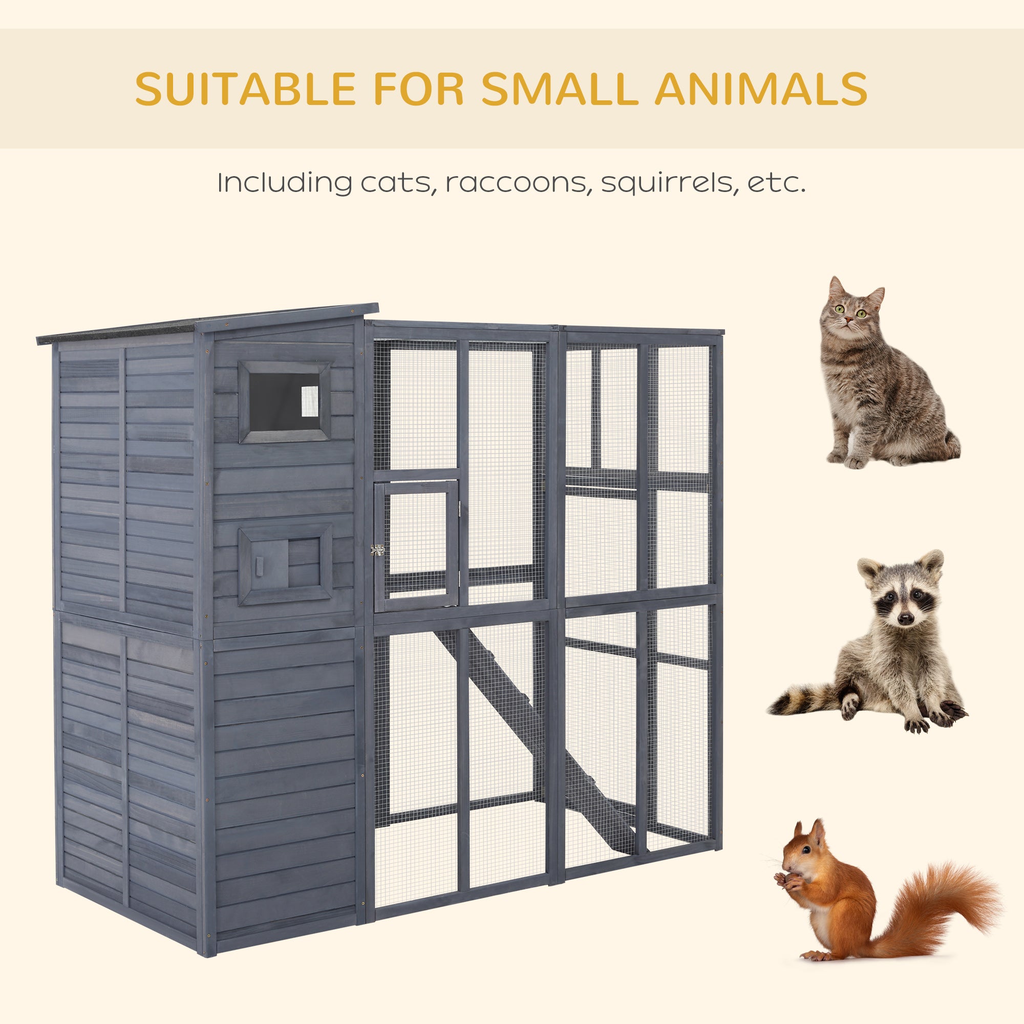 PawHut Large Wooden Outdoor Cat House with Large Run for Play, Catio for Lounging, and Condo Area for Sleeping, Grey