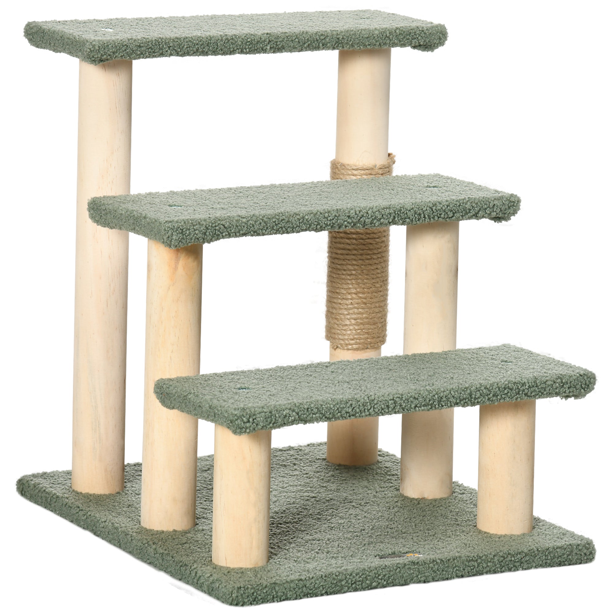 PawHut Dog Steps for Bed 3 Step Pet Stairs for Sofa Cat Tree Climb Ladder Cat Tower w/ Jute Scratching Post Toy Ball, Green