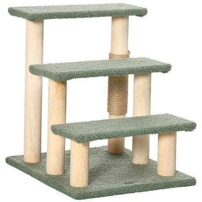 PawHut Dog Steps for Bed 3 Step Pet Stairs for Sofa Cat Tree Climb Ladder Cat Tower w/ Jute Scratching Post Toy Ball, Green