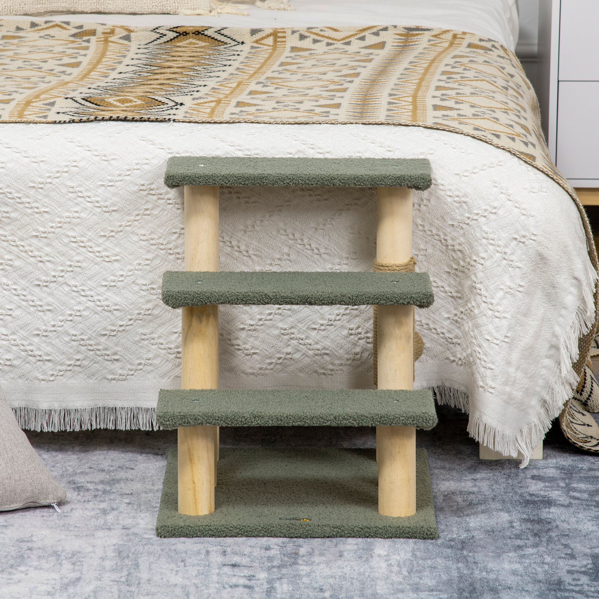 PawHut Dog Steps for Bed 3 Step Pet Stairs for Sofa Cat Tree Climb Ladder Cat Tower w/ Jute Scratching Post Toy Ball, Green