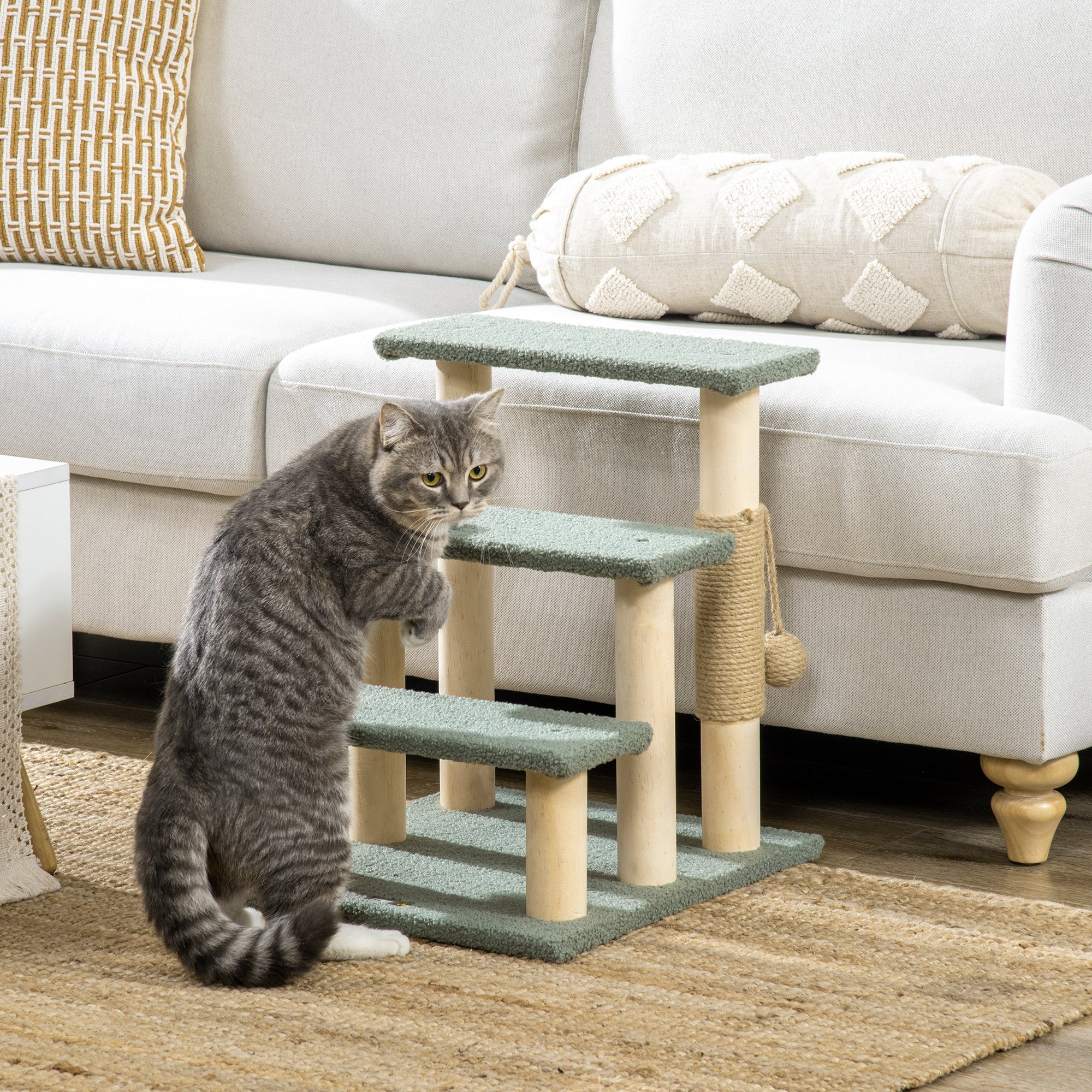 PawHut Dog Steps for Bed 3 Step Pet Stairs for Sofa Cat Tree Climb Ladder Cat Tower w/ Jute Scratching Post Toy Ball, Green