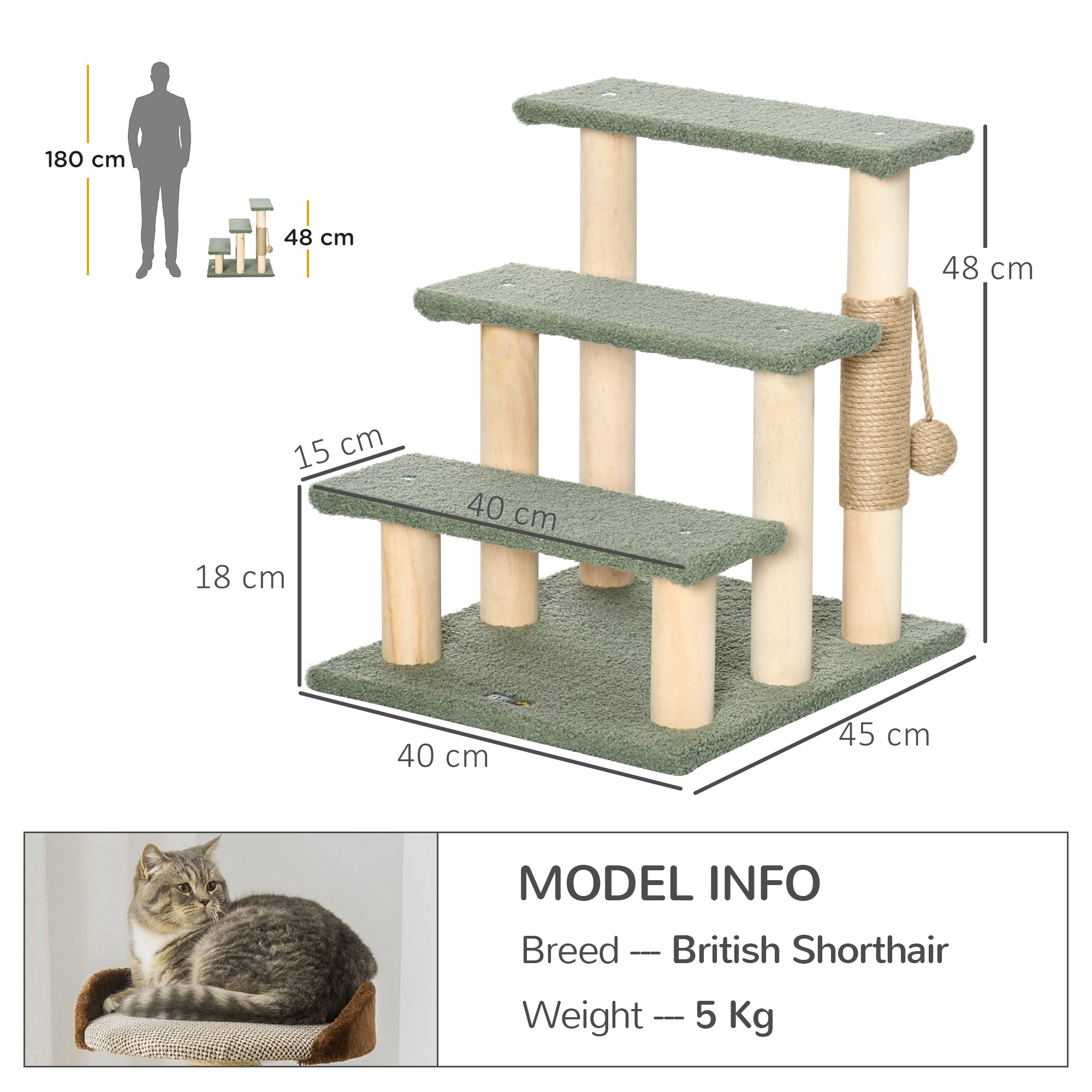 PawHut Dog Steps for Bed 3 Step Pet Stairs for Sofa Cat Tree Climb Ladder Cat Tower w/ Jute Scratching Post Toy Ball, Green