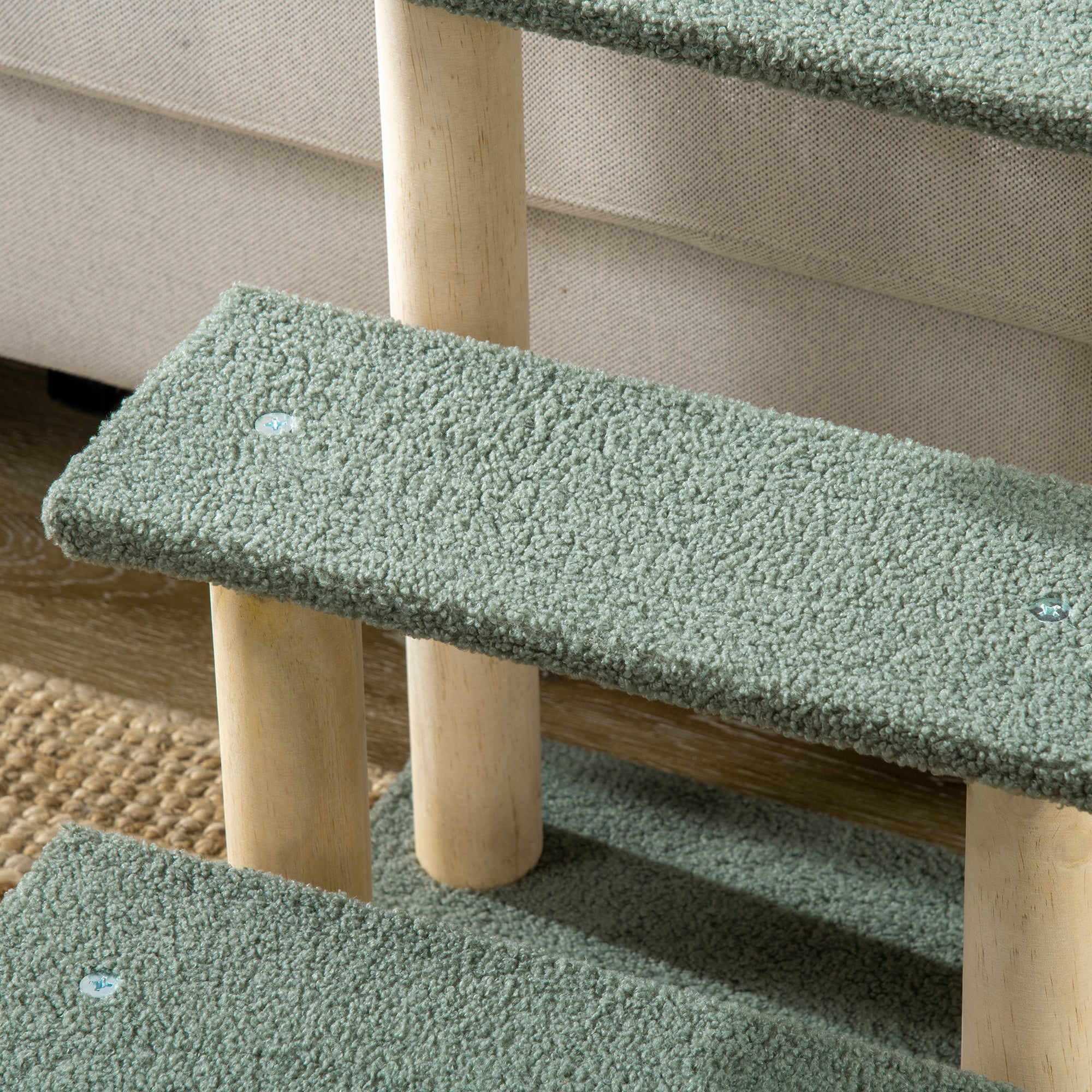 PawHut Dog Steps for Bed 3 Step Pet Stairs for Sofa Cat Tree Climb Ladder Cat Tower w/ Jute Scratching Post Toy Ball, Green