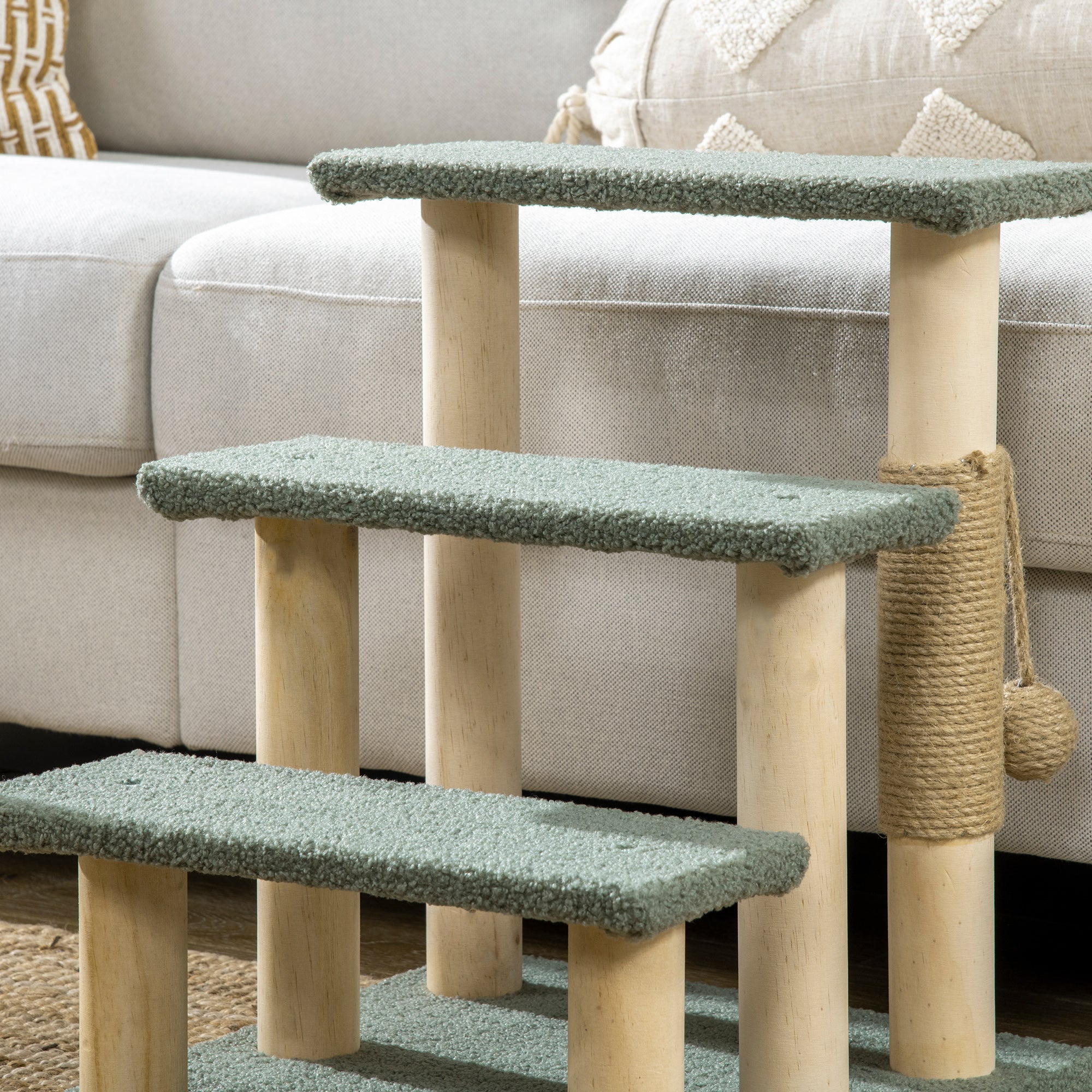 PawHut Dog Steps for Bed 3 Step Pet Stairs for Sofa Cat Tree Climb Ladder Cat Tower w/ Jute Scratching Post Toy Ball, Green