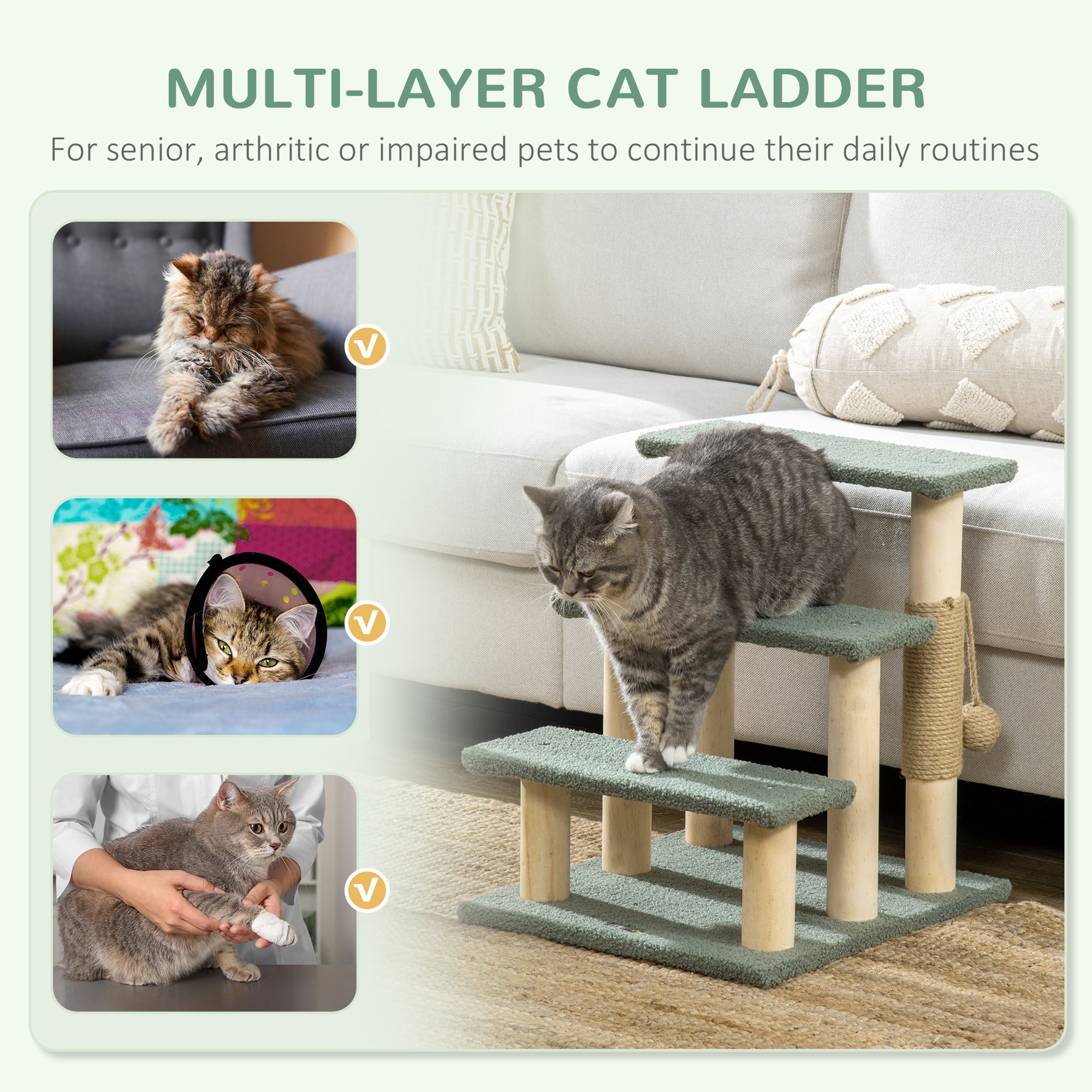 PawHut Dog Steps for Bed 3 Step Pet Stairs for Sofa Cat Tree Climb Ladder Cat Tower w/ Jute Scratching Post Toy Ball, Green