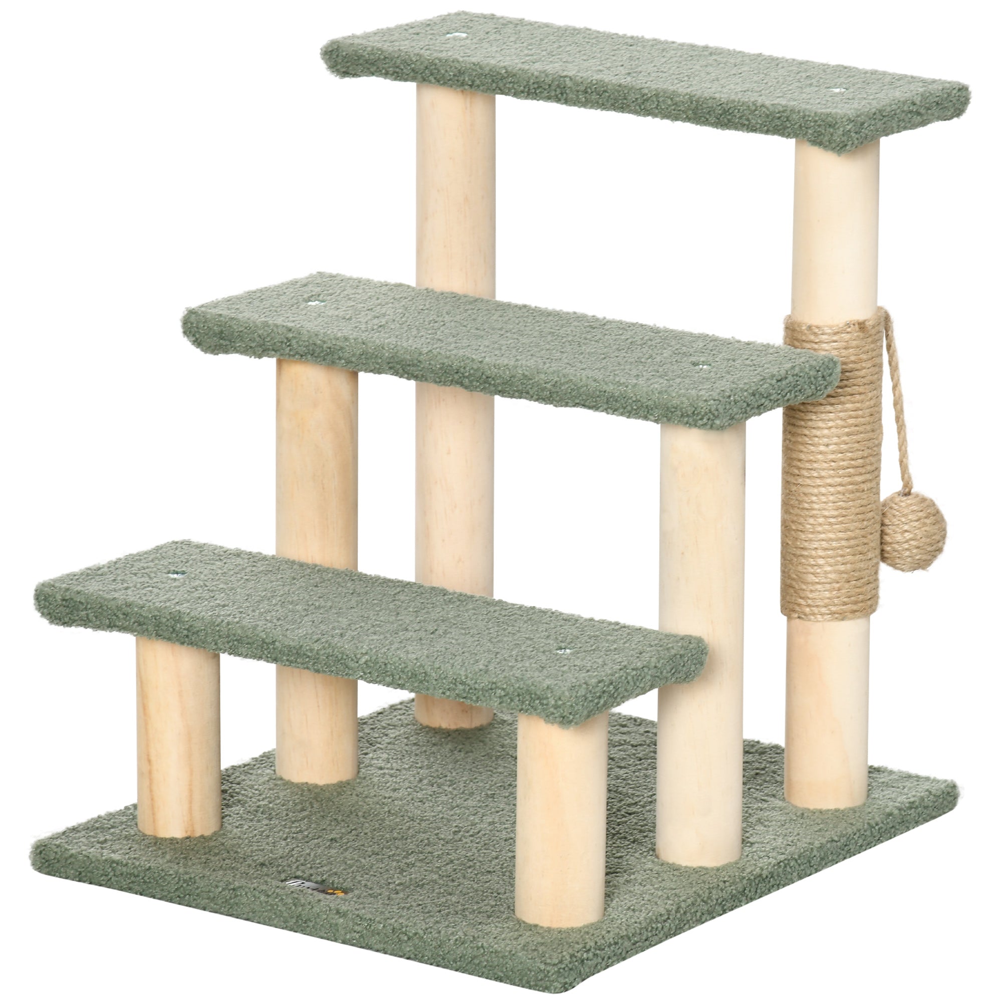 PawHut Dog Steps for Bed 3 Step Pet Stairs for Sofa Cat Tree Climb Ladder Cat Tower w/ Jute Scratching Post Toy Ball, Green