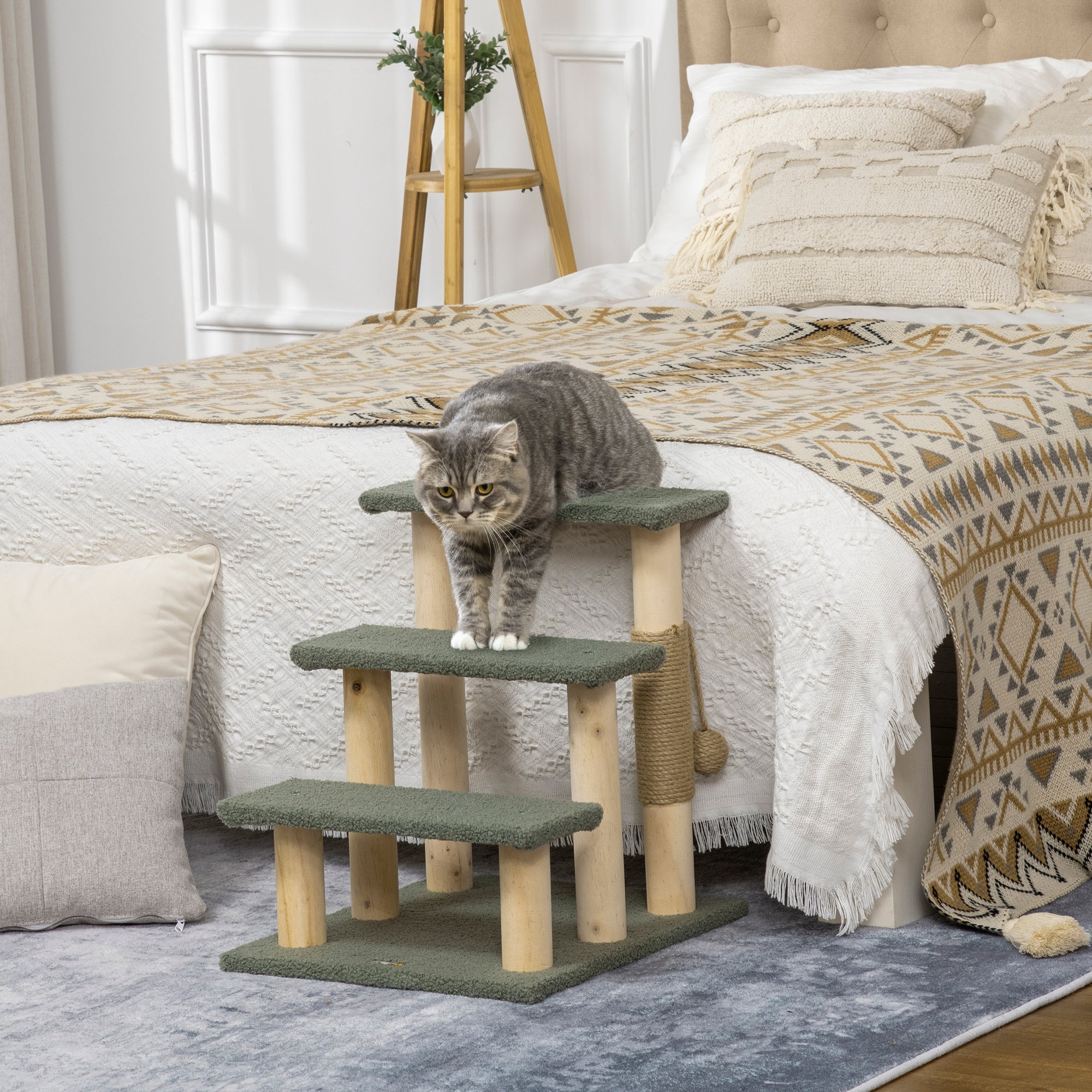 PawHut Dog Steps for Bed 3 Step Pet Stairs for Sofa Cat Tree Climb Ladder Cat Tower w/ Jute Scratching Post Toy Ball, Green