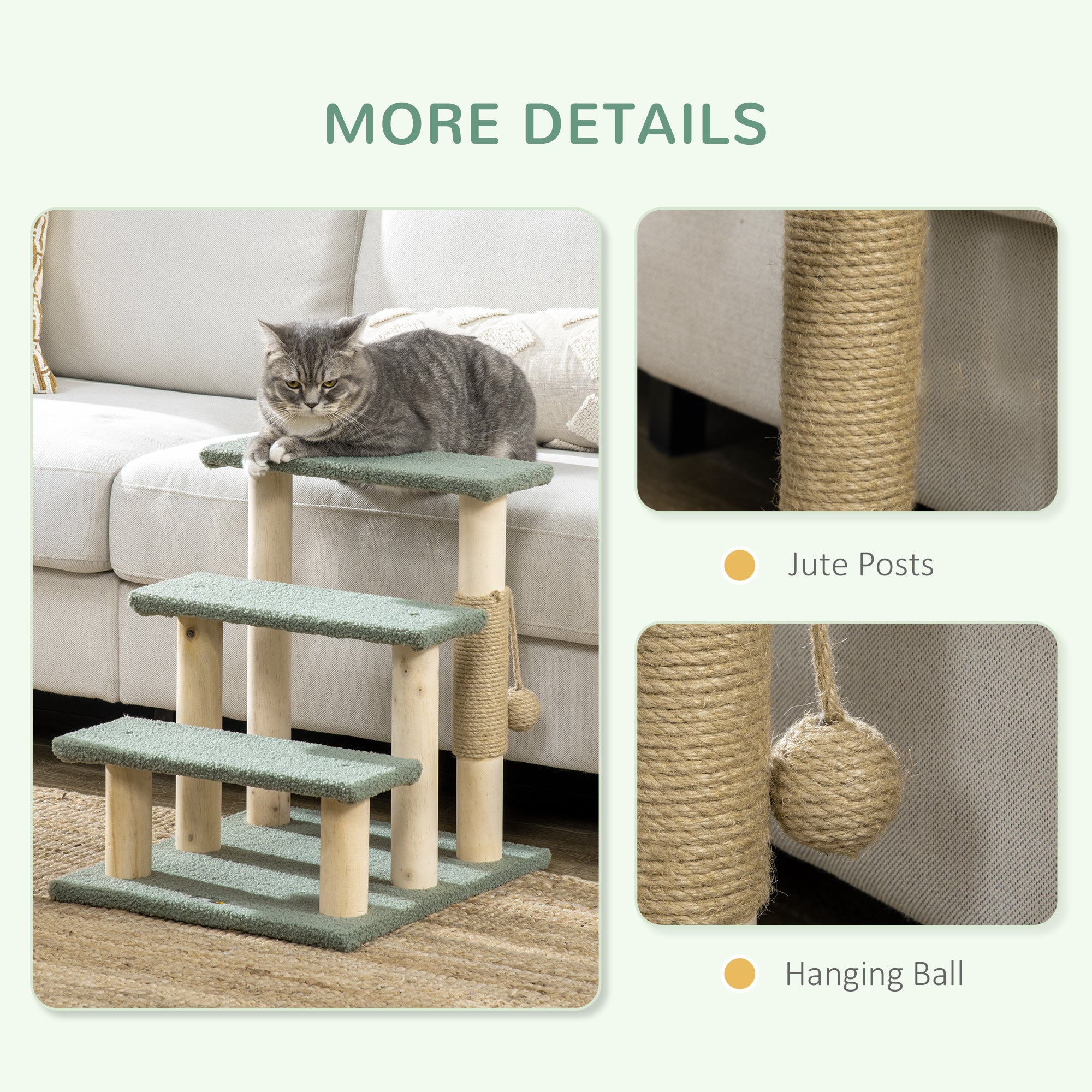 PawHut Dog Steps for Bed 3 Step Pet Stairs for Sofa Cat Tree Climb Ladder Cat Tower w/ Jute Scratching Post Toy Ball, Green
