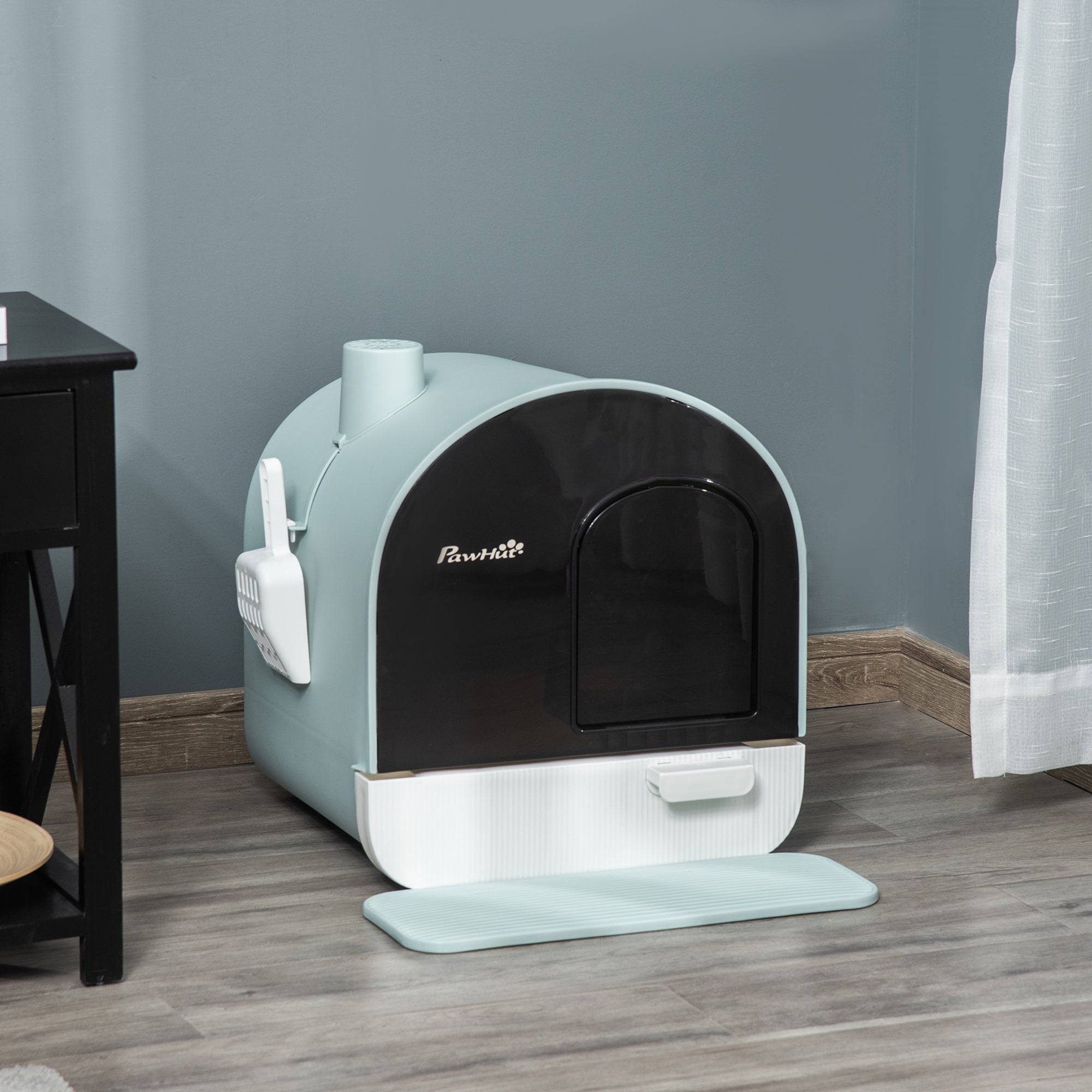 PawHut Cat Litter Box Kitten Litter Tray w/ Hood, Scoop, Filter, Flap Door, 43 x 44 x 47cm - Green