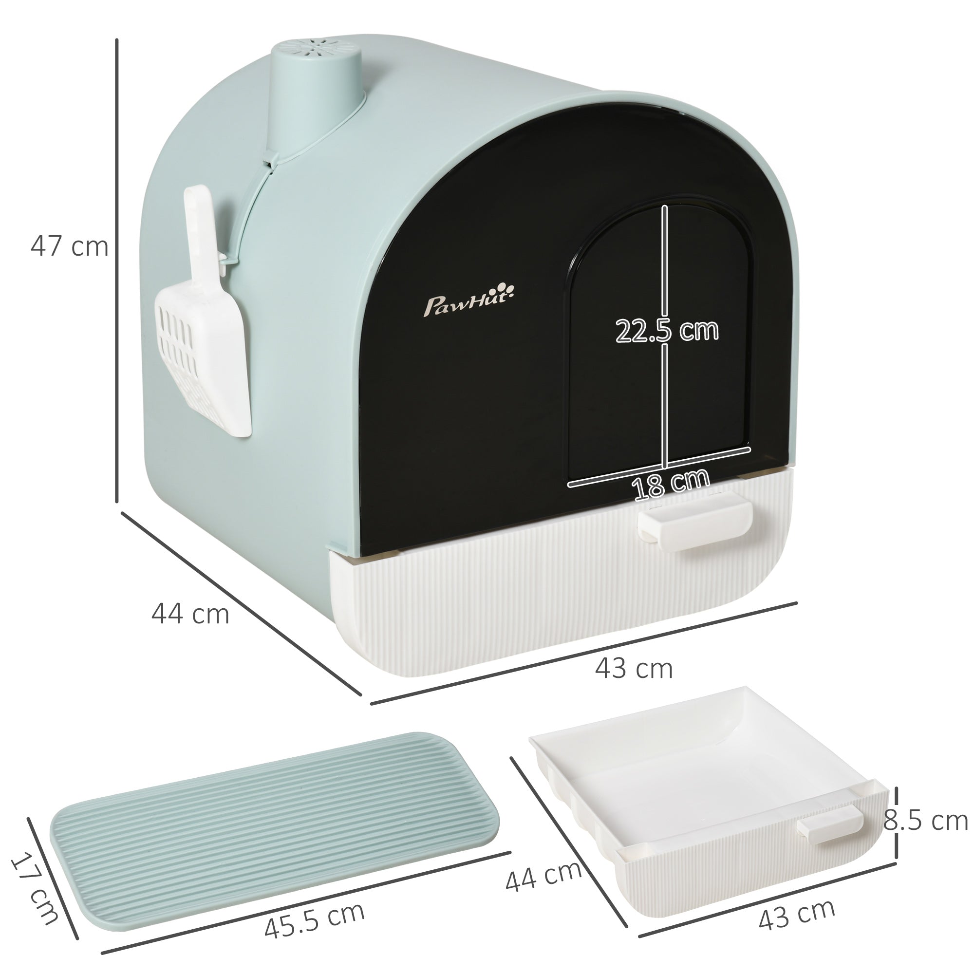 PawHut Cat Litter Box Kitten Litter Tray w/ Hood, Scoop, Filter, Flap Door, 43 x 44 x 47cm - Green