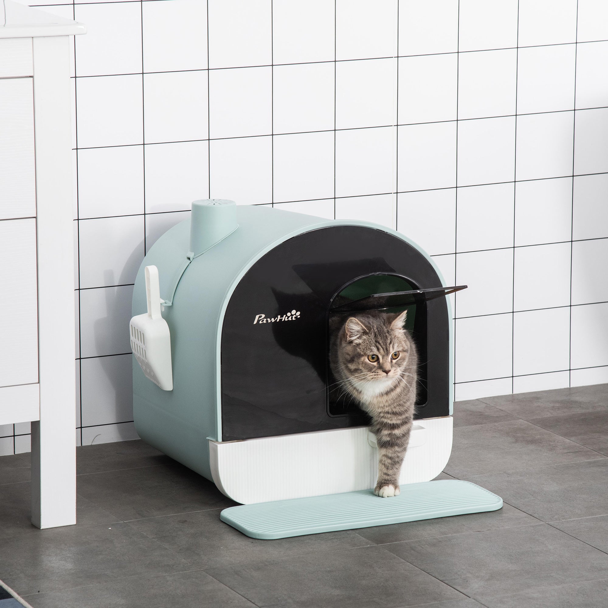 PawHut Cat Litter Box Kitten Litter Tray w/ Hood, Scoop, Filter, Flap Door, 43 x 44 x 47cm - Green