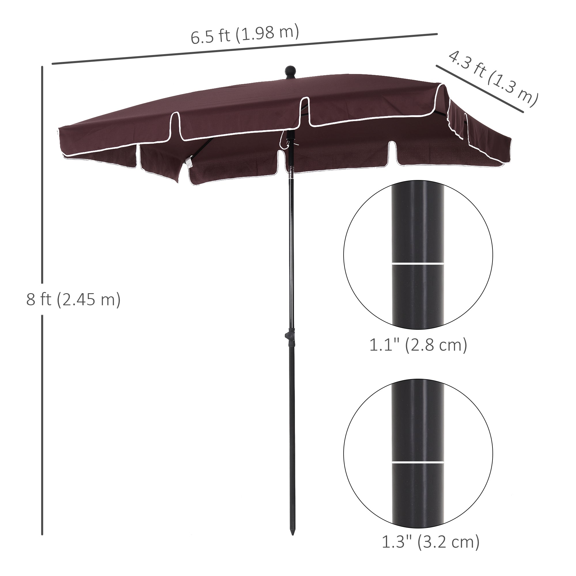 Outsunny 6.5x4ft Rectangle Patio Umbrella Aluminum Tilt Adjustable Garden Parasol Sun Shade Outdoor Canopy Coffee