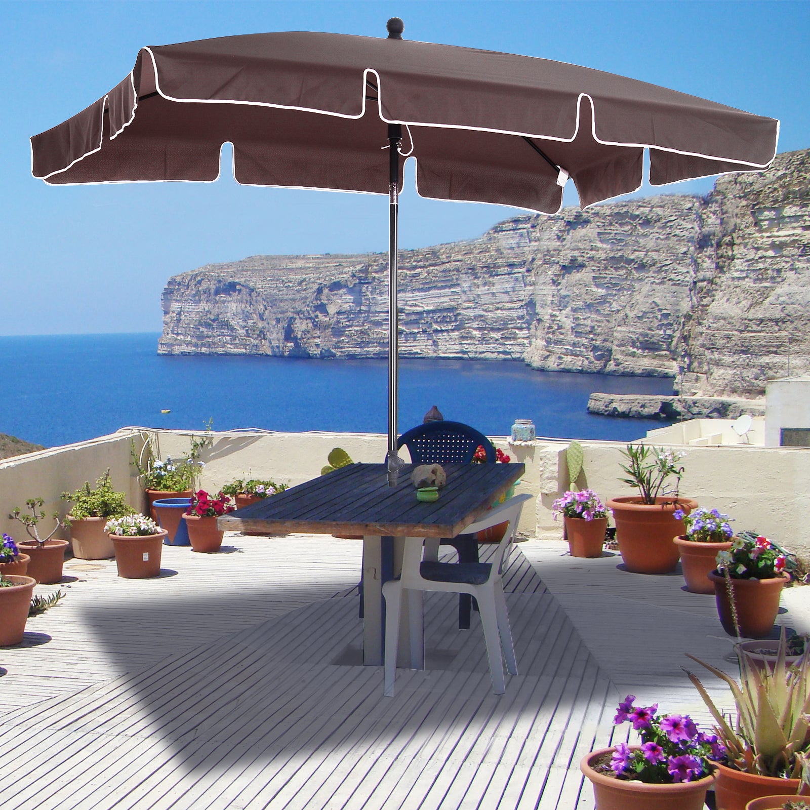 Outsunny 6.5x4ft Rectangle Patio Umbrella Aluminum Tilt Adjustable Garden Parasol Sun Shade Outdoor Canopy Coffee