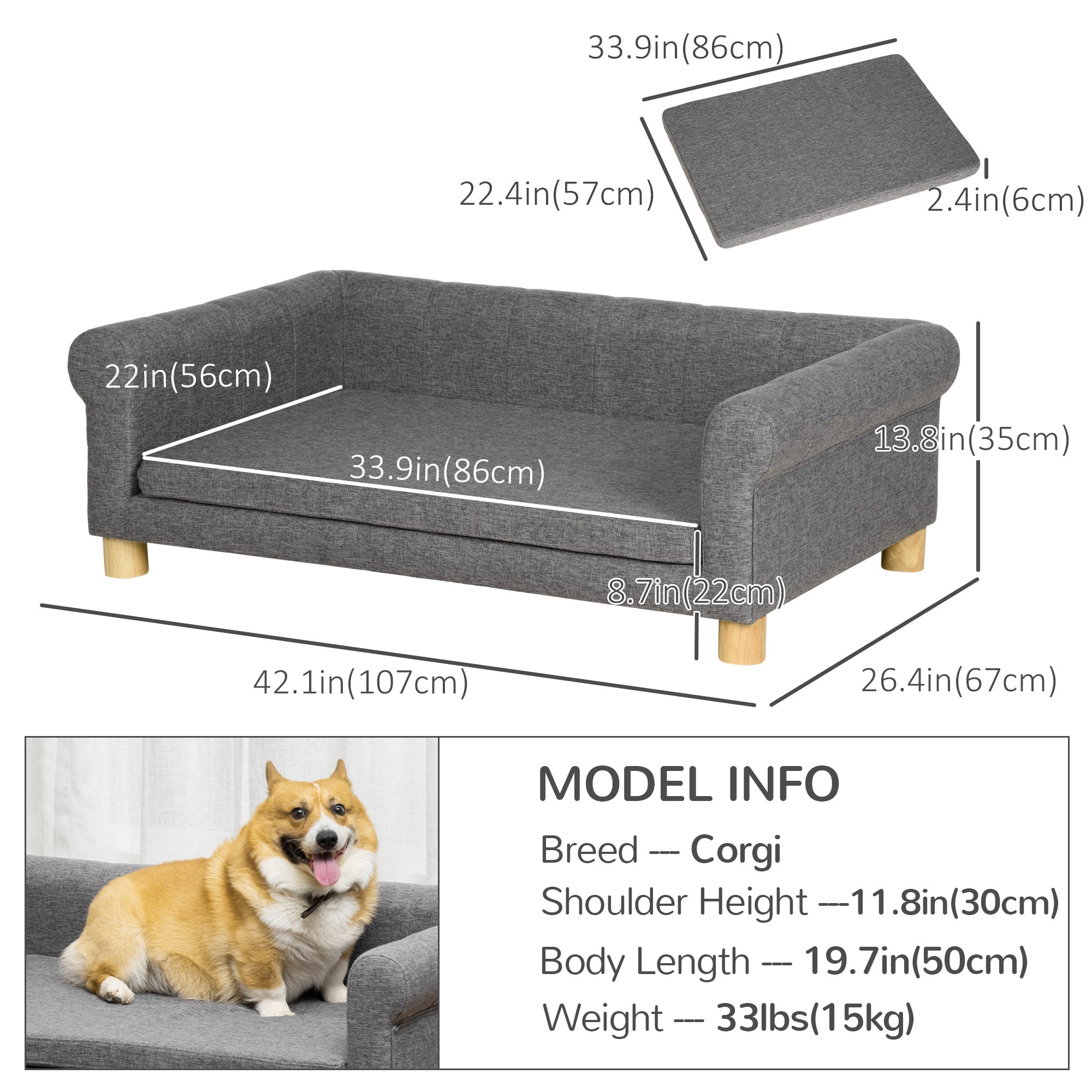 PawHut Modern Pet Sofa Cat or Medium Large Dog Bed W/ Removable Seat Cushion, Dark Grey