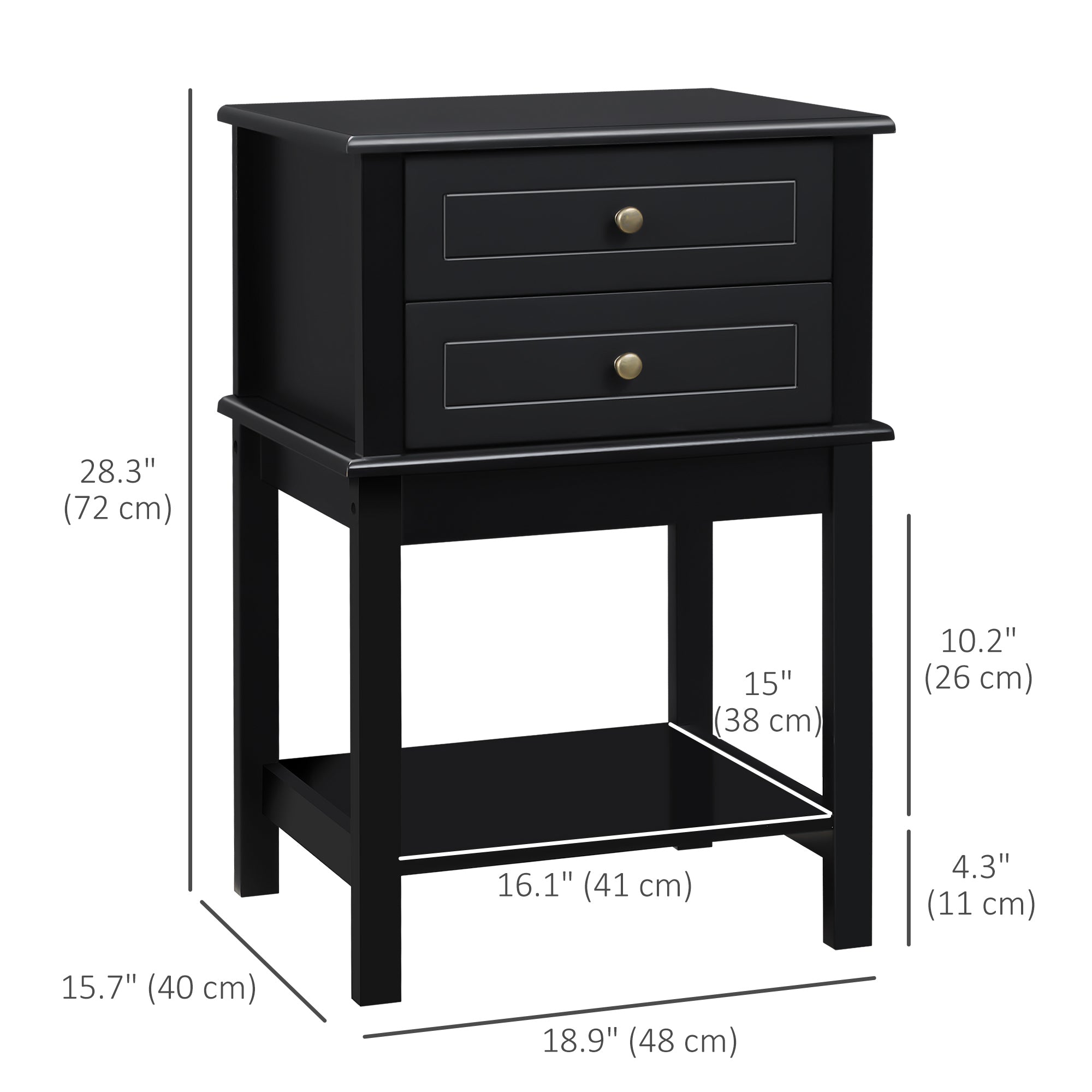 HOMCOM Modern Nightstand, Accent End Side Table with 2 Drawers and Storage Shelf, Bedside Table for Bedroom, Black