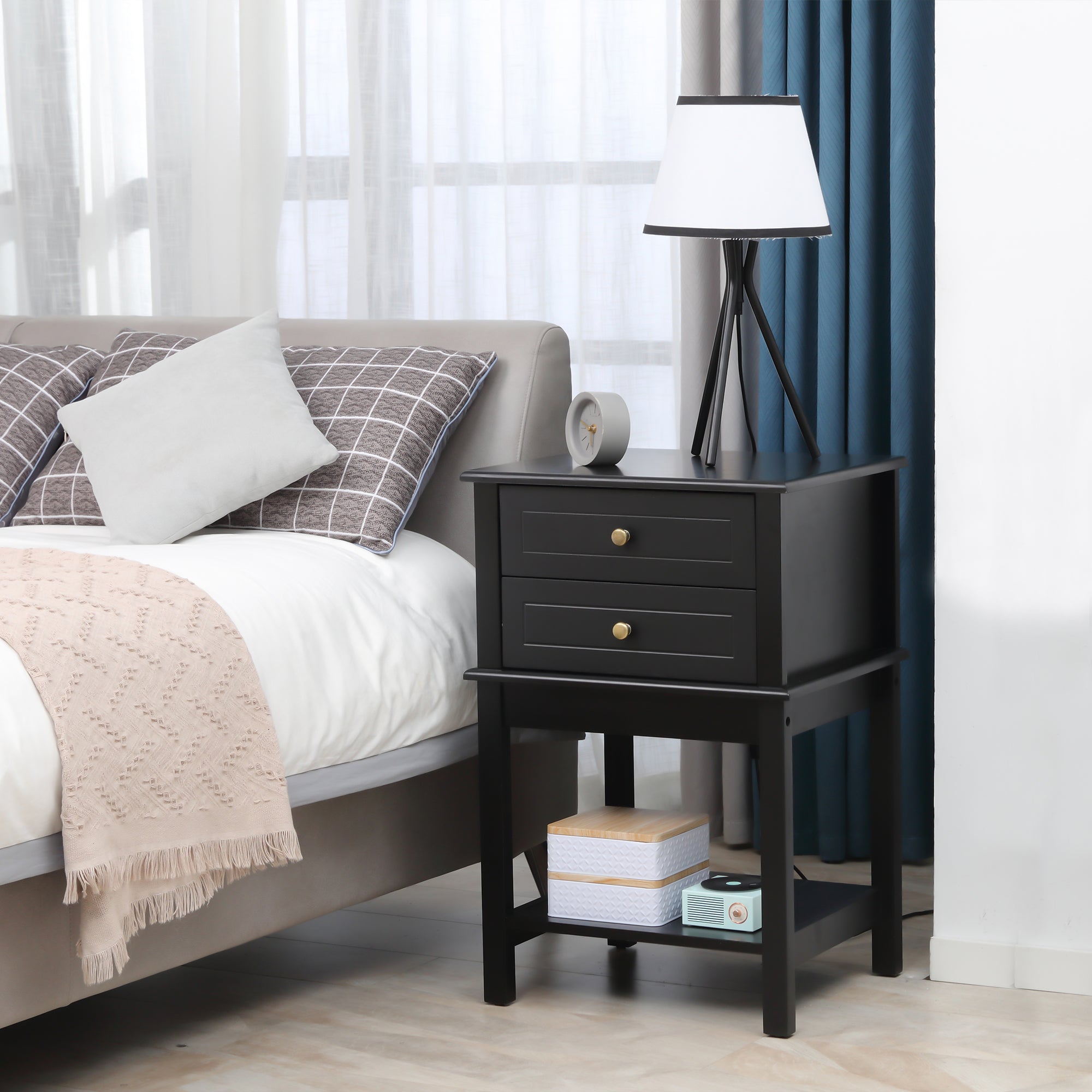 HOMCOM Modern Nightstand, Accent End Side Table with 2 Drawers and Storage Shelf, Bedside Table for Bedroom, Black