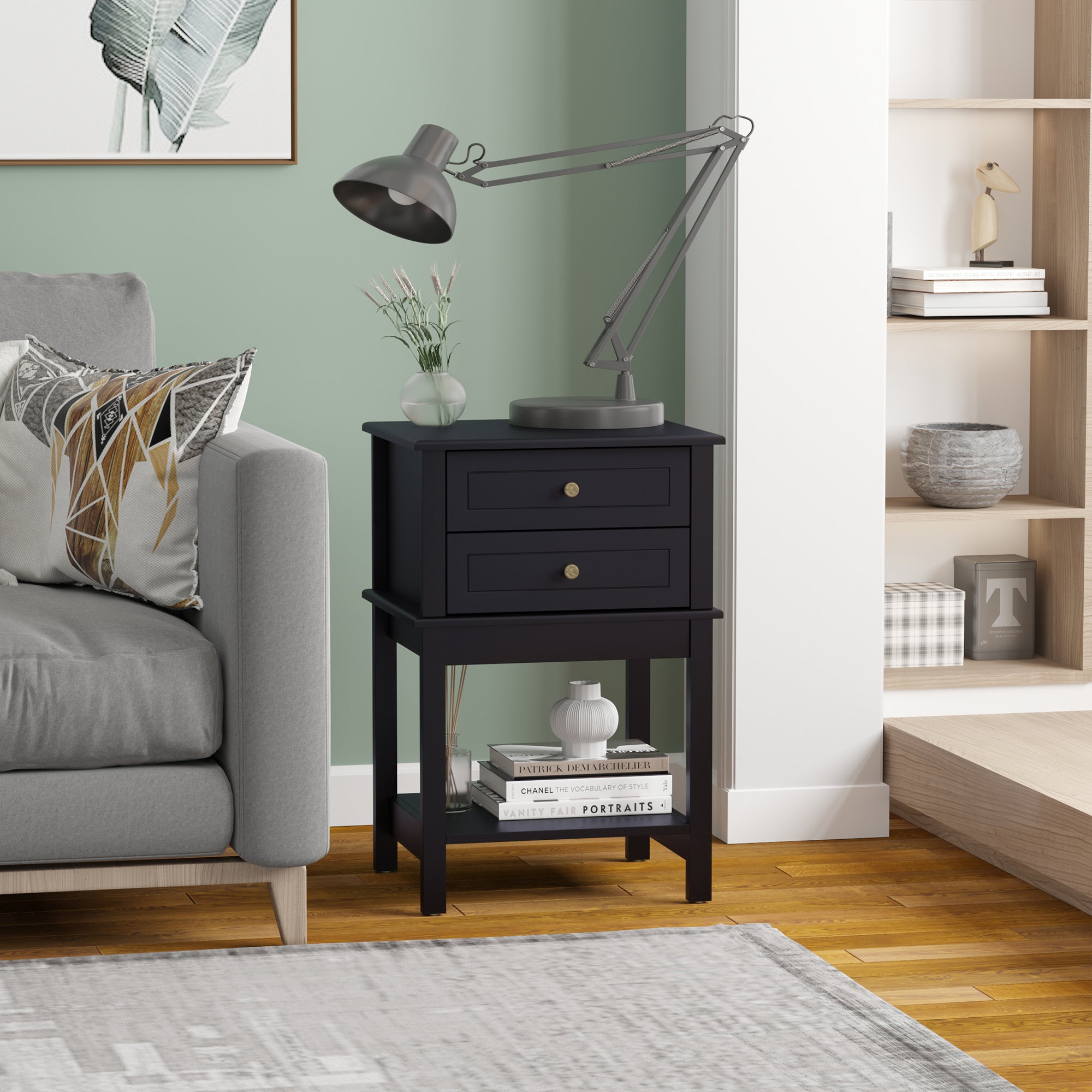 HOMCOM Modern Nightstand, Accent End Side Table with 2 Drawers and Storage Shelf, Bedside Table for Bedroom, Black