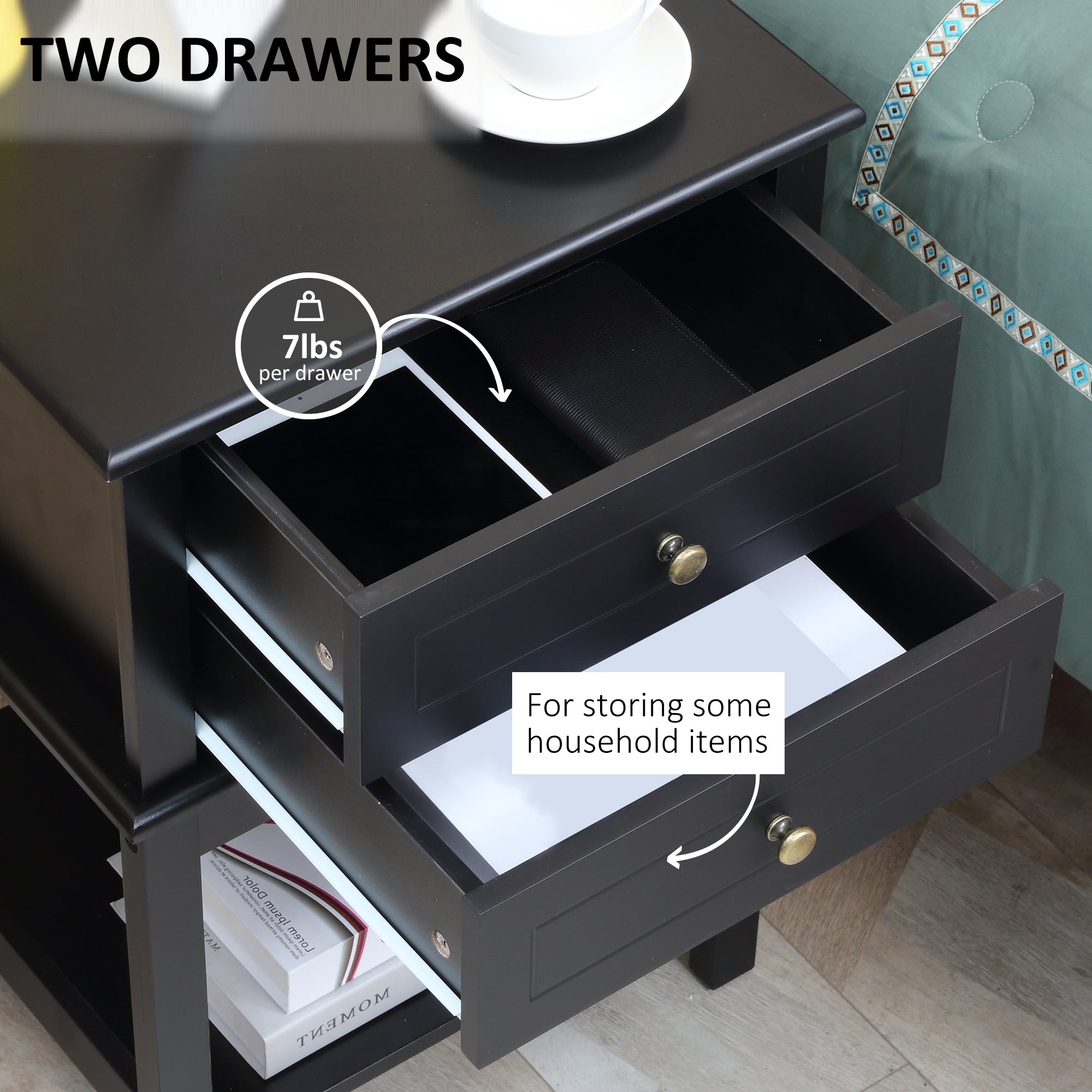 HOMCOM Modern Nightstand, Accent End Side Table with 2 Drawers and Storage Shelf, Bedside Table for Bedroom, Black