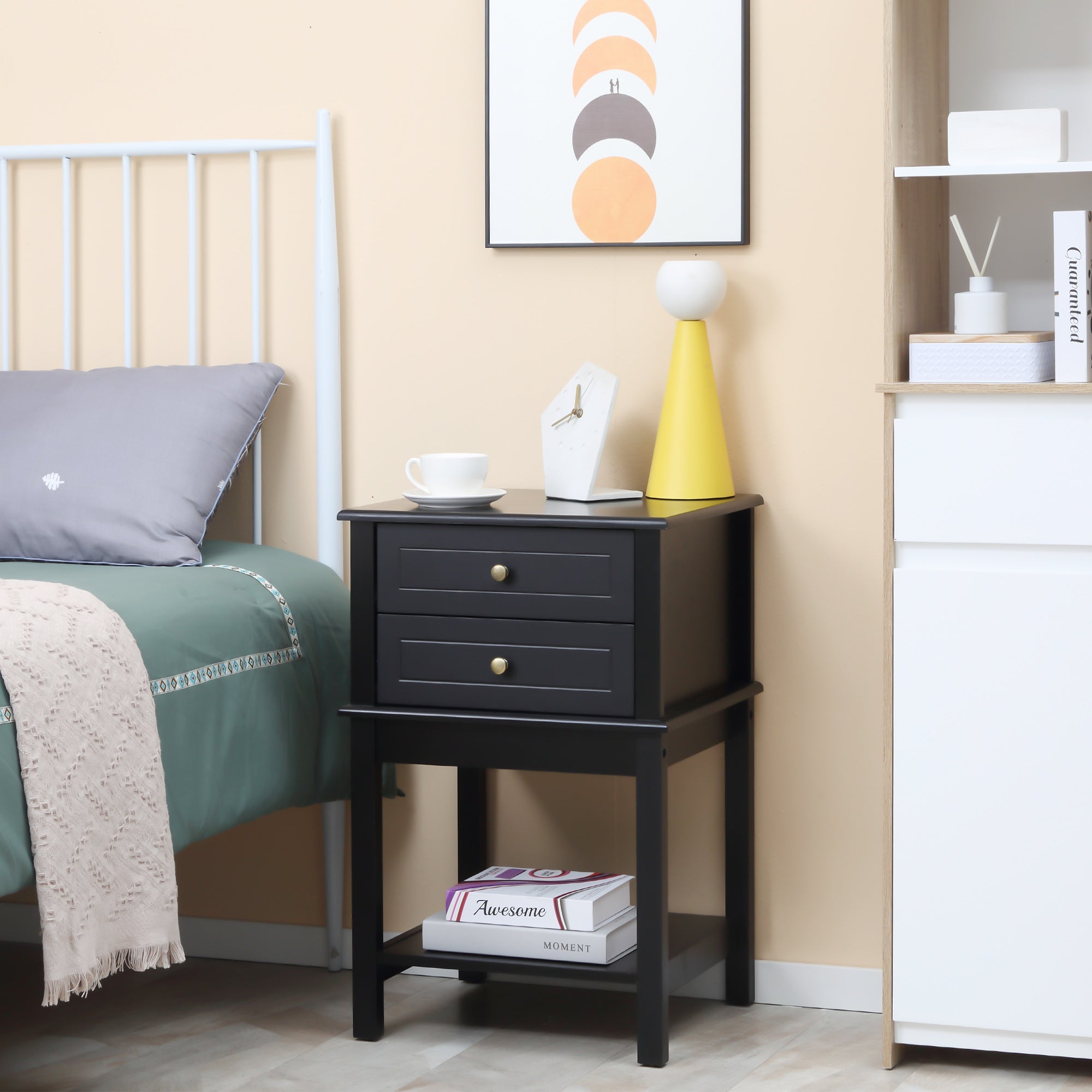 HOMCOM Modern Nightstand, Accent End Side Table with 2 Drawers and Storage Shelf, Bedside Table for Bedroom, Black