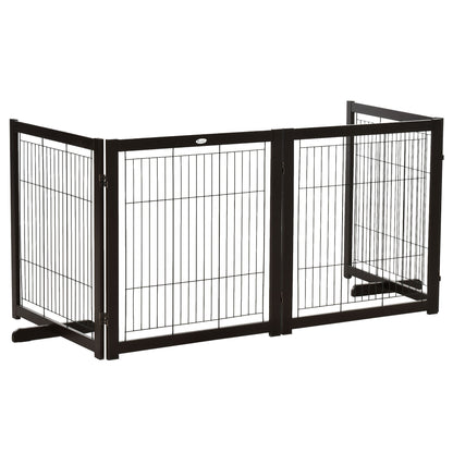 PawHut Wooden Dog Gate Foldable Pet Fence for Small & Medium Dogs 4 Panel with Support Feet Freestanding Safety Barrier for House Doorway Stairs Coffee
