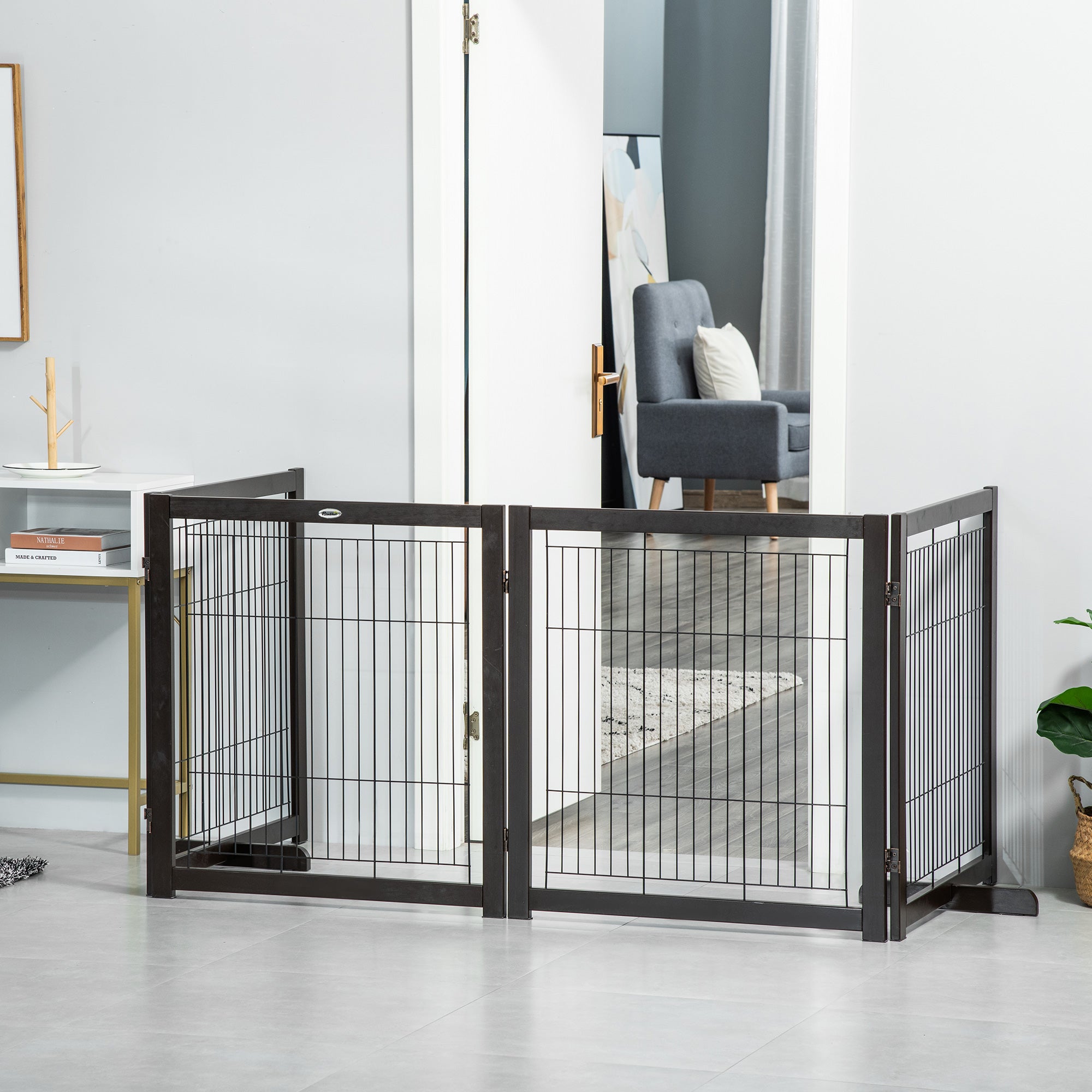 PawHut Wooden Dog Gate Foldable Pet Fence for Small & Medium Dogs 4 Panel with Support Feet Freestanding Safety Barrier for House Doorway Stairs Coffee